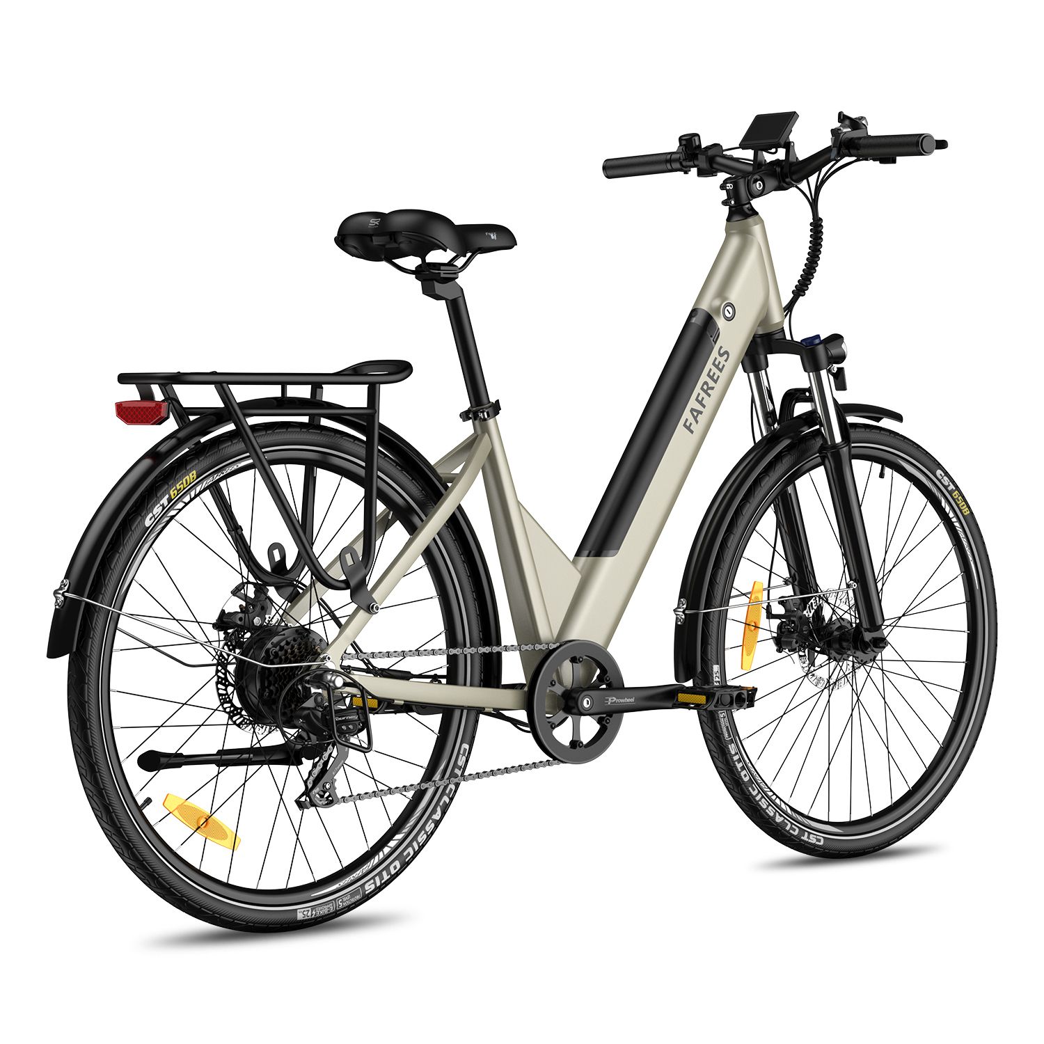 Fafrees F28 Pro E-Bike, beige, schwarze Details. Gepäckträger, Schutzbleche, CST-Reifen. Marke sichtbar.