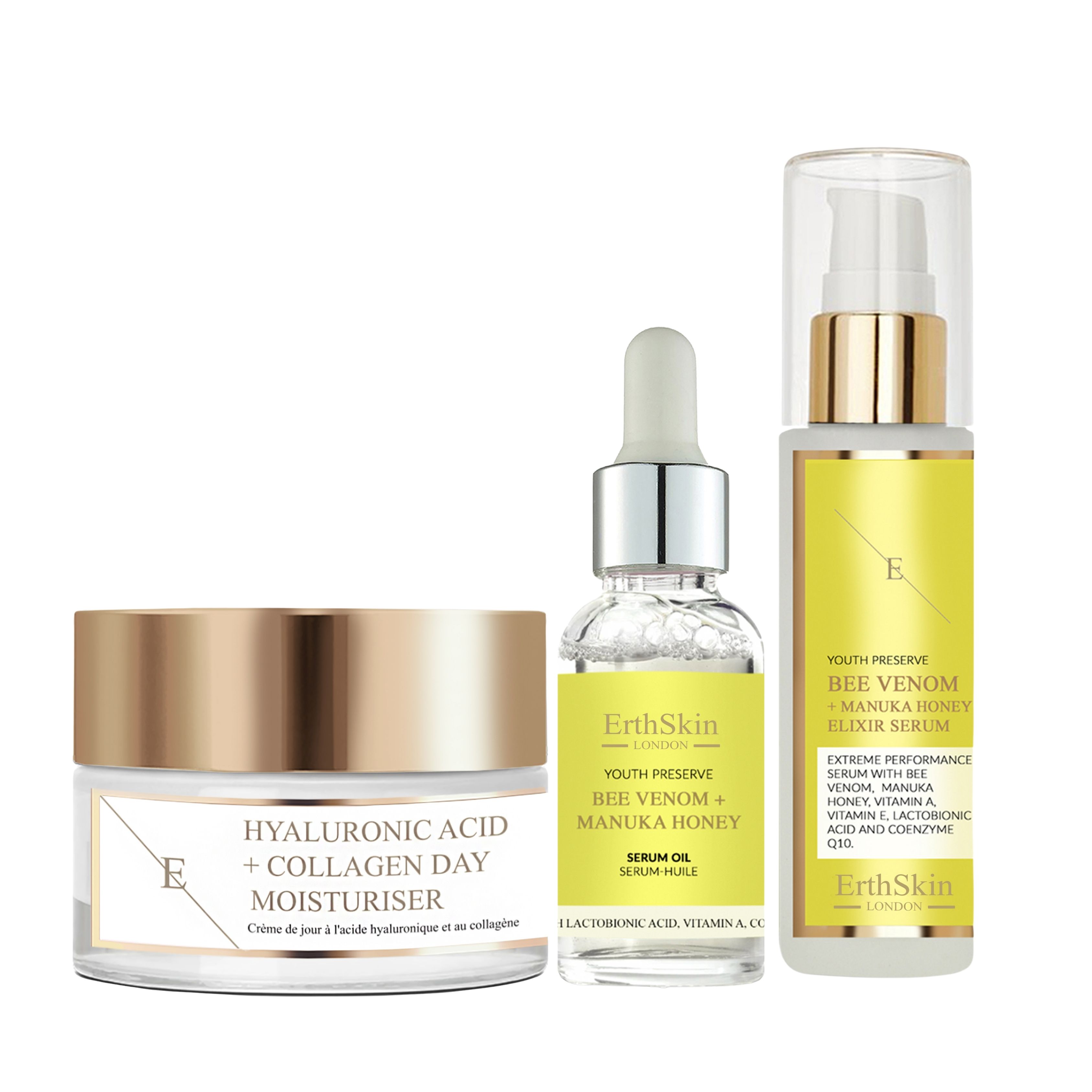 Drei Kosmetikprodukte: Tagescreme, Serumöl und Elixier-Serum. Aufschrift: Hyaluronsäure + Kollagen, Bee Venom + Manuka Honey. Goldfarbene Deckel.