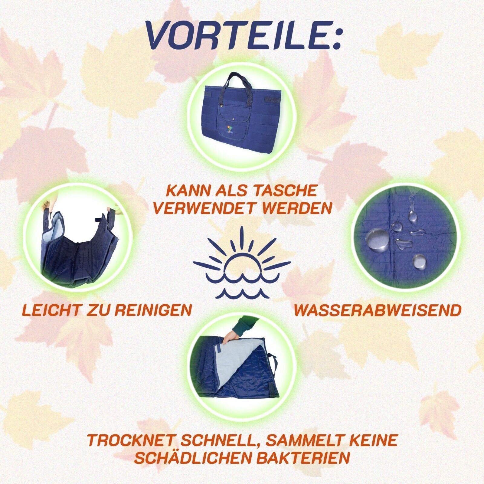 Vorteile: Leicht zu reinigen, wasserabweisend, trocknet schnell, keine Bakterien. Abbildung einer blauen Matte.