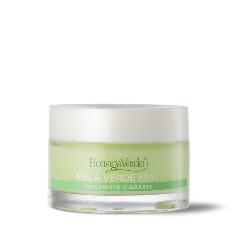 Bottega Verde crema gel idratante, formula mela verde e kiwi per pelli miste o grasse. Il prodotto è contenuto in un barattolo di vetro trasparente con coperchio bianco. Il contenuto verde è visibile.