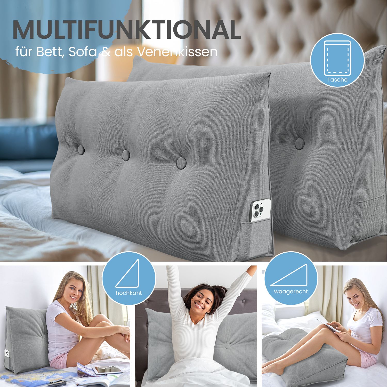 Graues Keilkissen mit Knopfdetails, Seitentasche. Text: "MULTIFUNKTIONAL". Mehrere Anwendungsbeispiele.