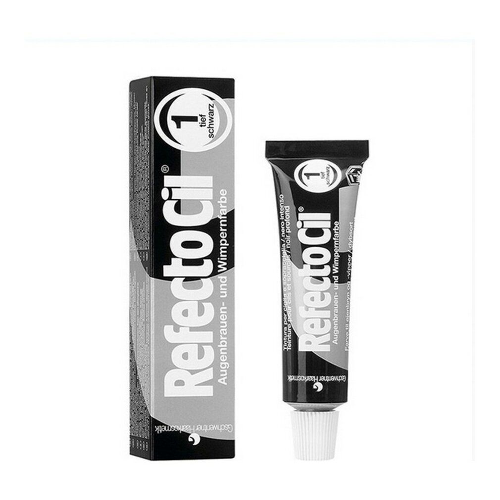 Schwarze Tube und Schachtel mit Produktnamen und Aufschrift "tiefschwarz". Augenbrauen- und Wimpernfarbe.