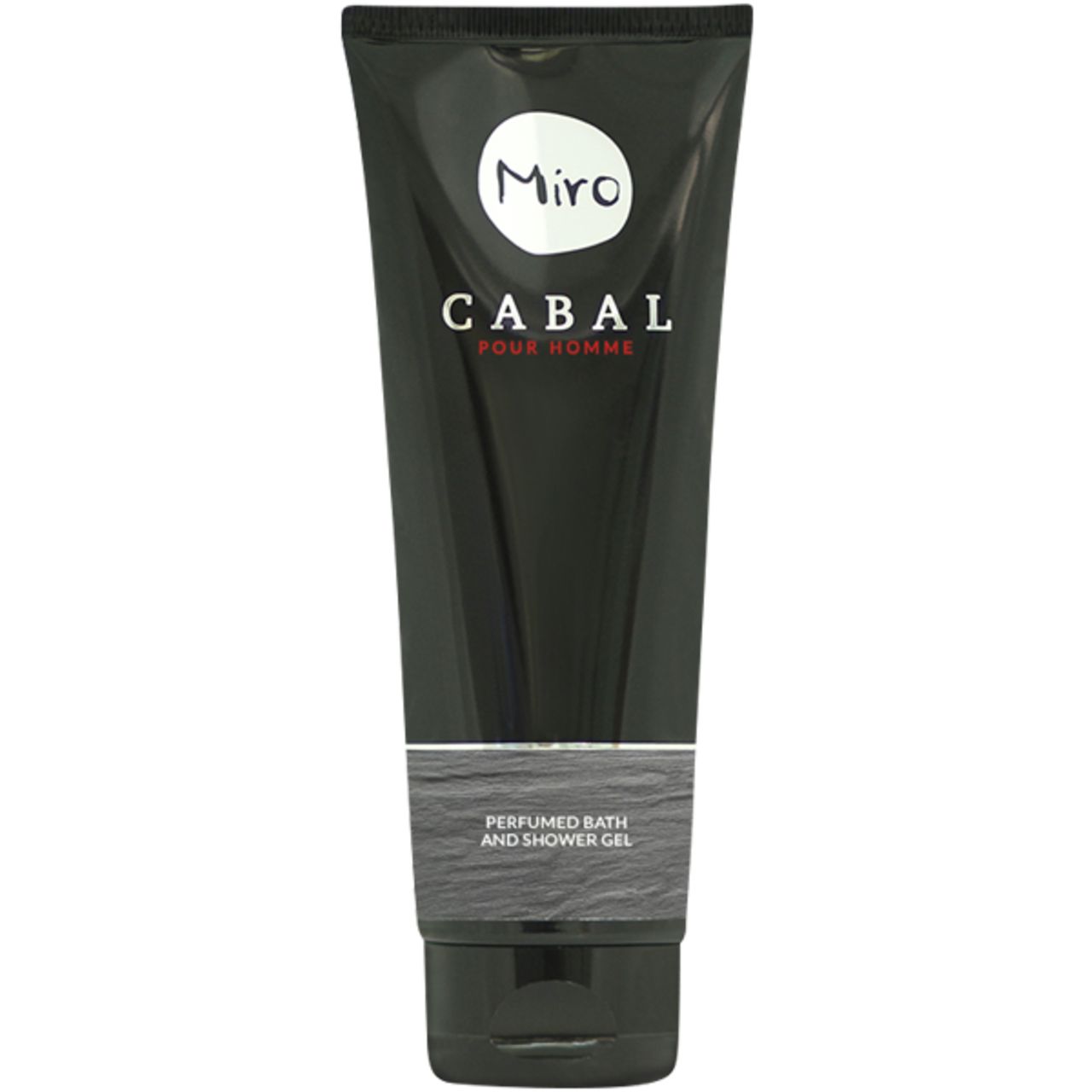 Schwarze Tube mit weißem Miro-Logo und Cabal Pour Homme-Schriftzug. Text: Perfumed Bath and Shower Gel.