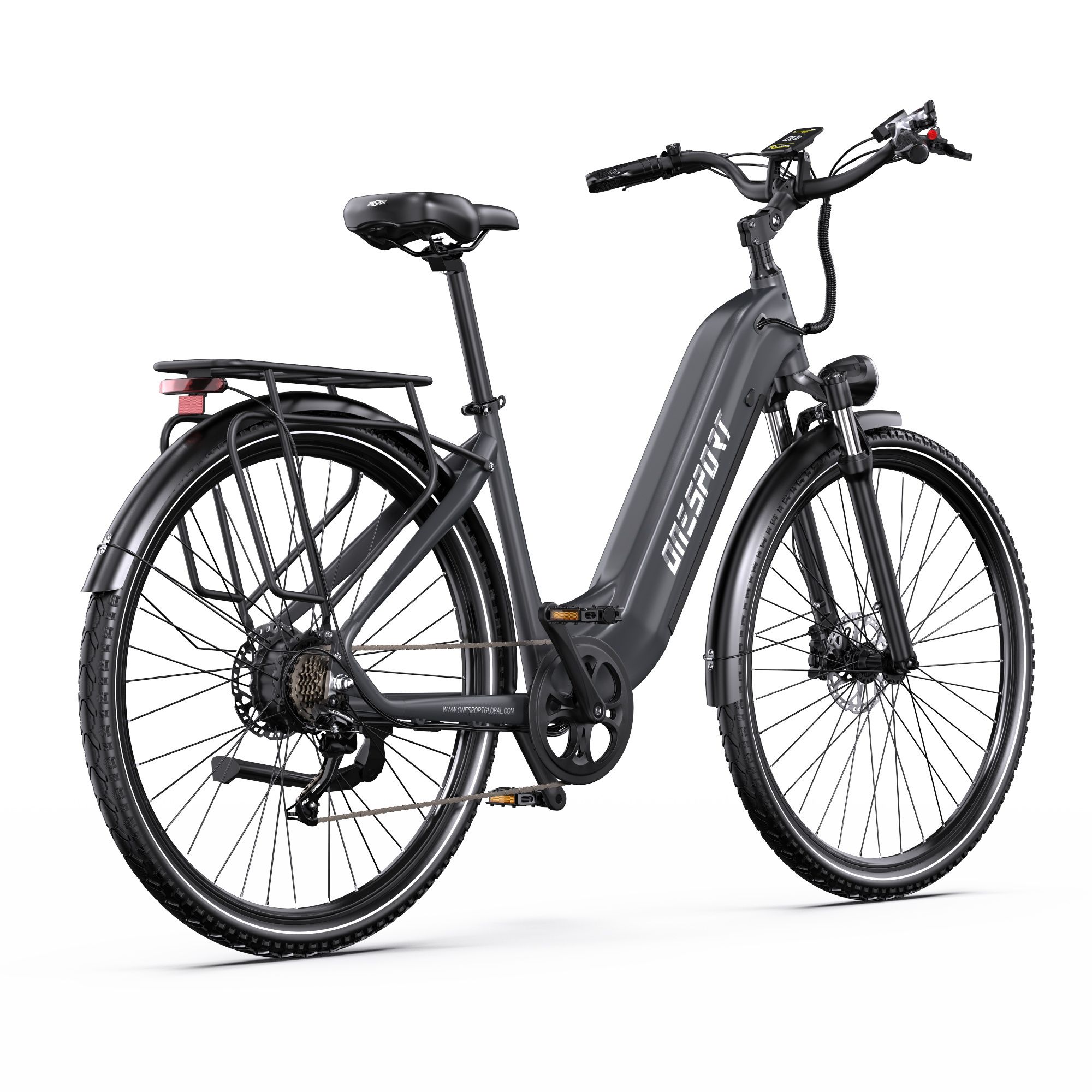 Graues Onesport OT05Pro E-Bike. Sichtbar: Gepäckträger, Rücklicht, Schutzbleche, Scheibenbremsen. Aufschrift: ONESPORT.