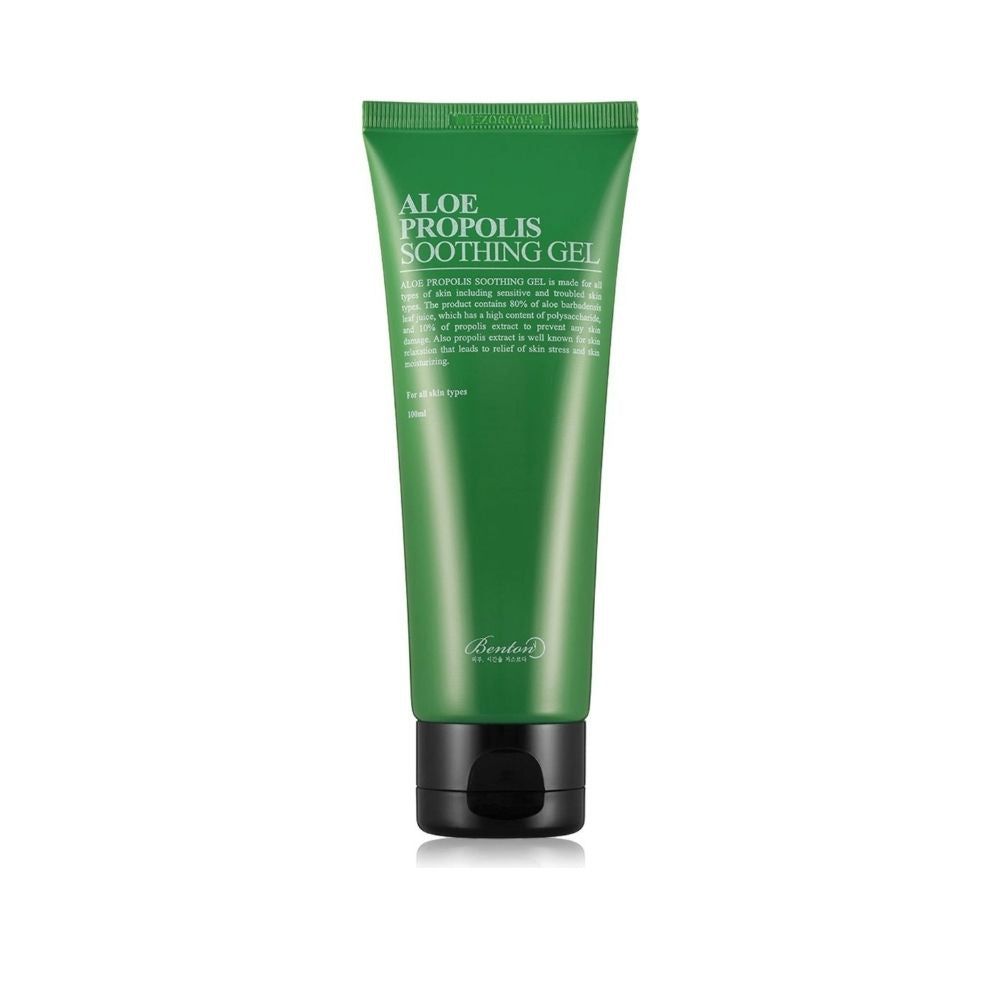 Grüne Tube mit Aufschrift "ALOE PROPOLIS SOOTHING GEL". Schwarzer Verschluss. Text in Weiß.