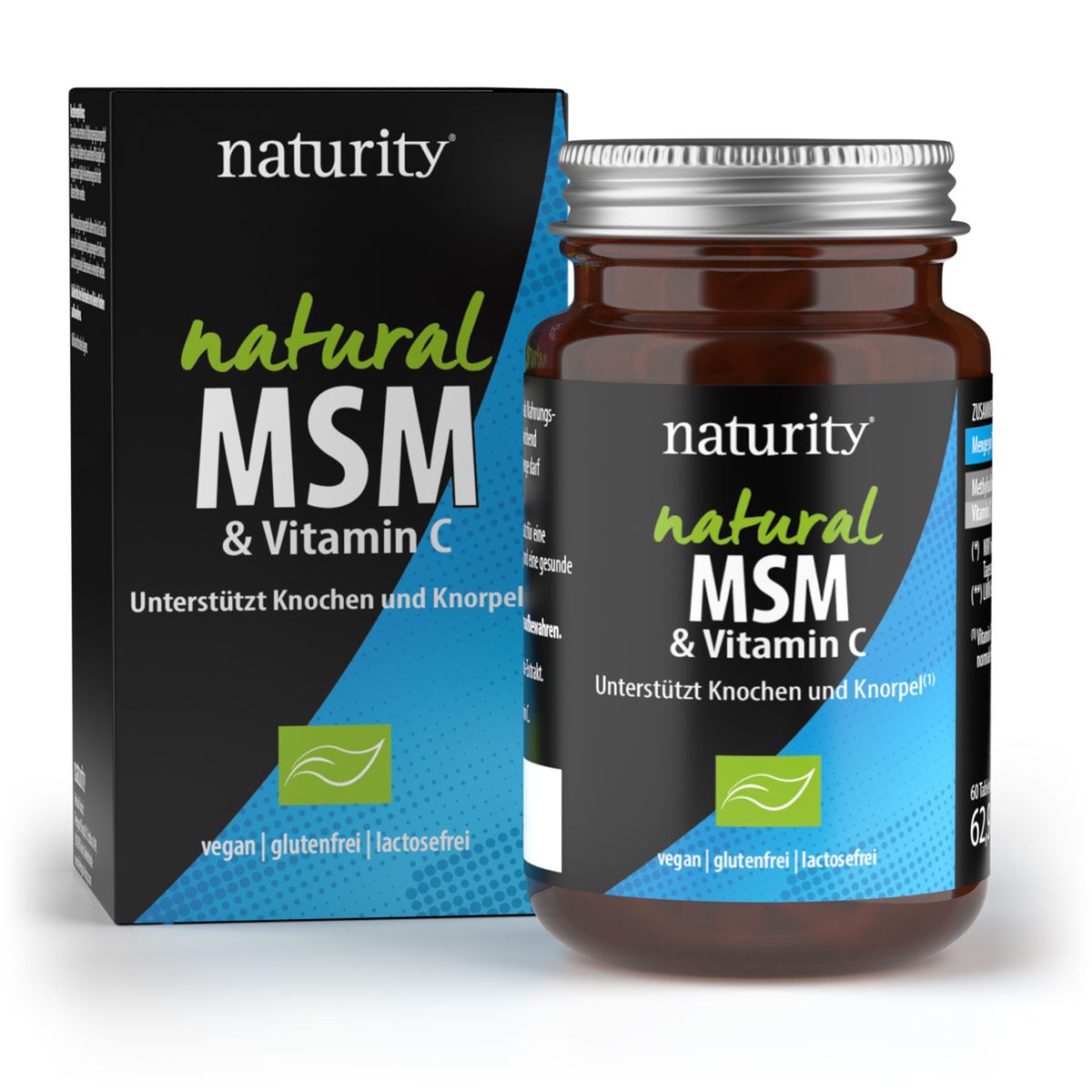 Braune Glasflasche und Schachtel mit "naturity natural MSM & Vitamin C"-Aufdruck. Vegan, glutenfrei, laktosefrei.