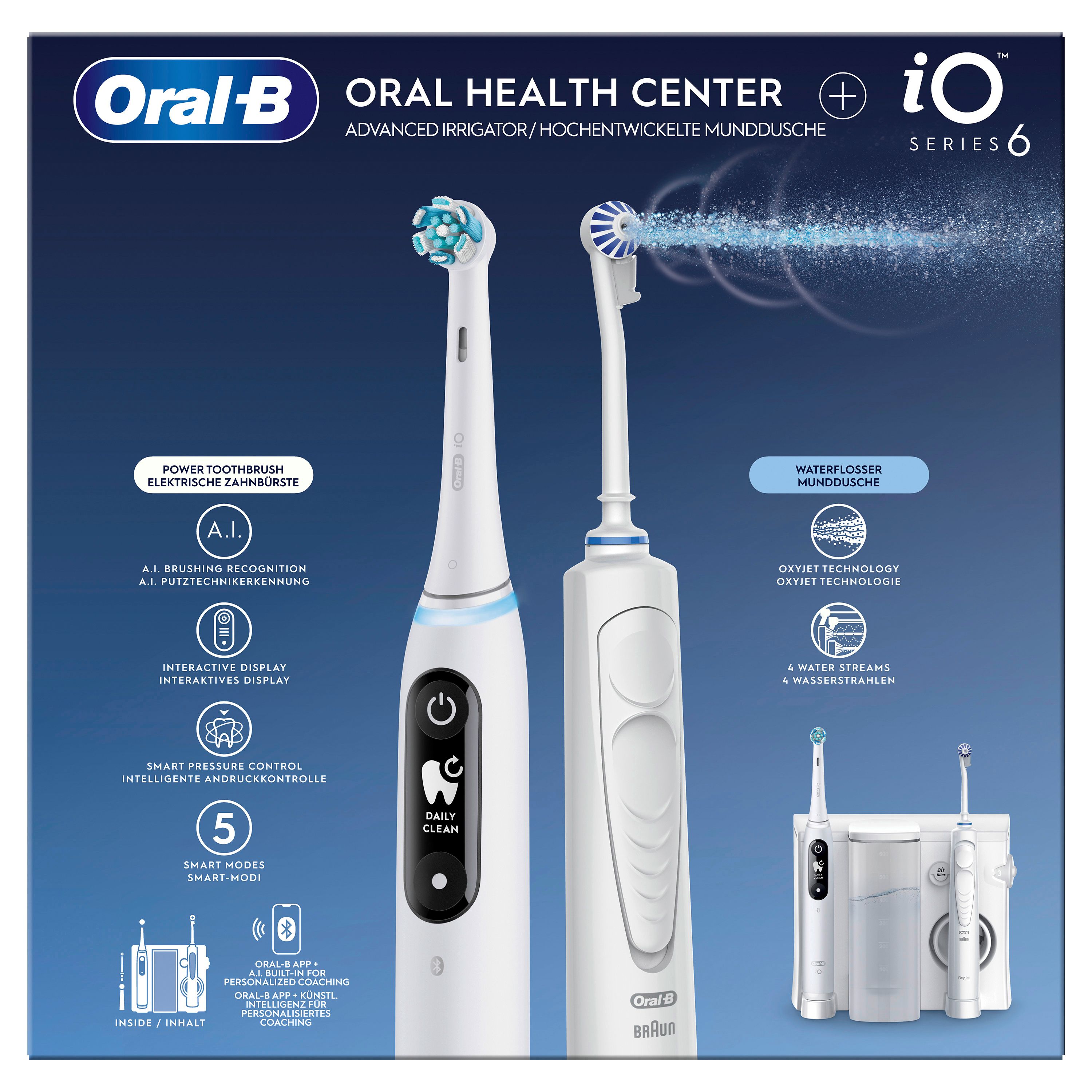 Oral-B Munddusche OxyJet + iO 6 in Weiß. Zwei Zahnbürsten, eine mit Bürstenkopf, eine mit Mundduschenaufsatz. Aufschrift: Oral-B, iO Series 6.