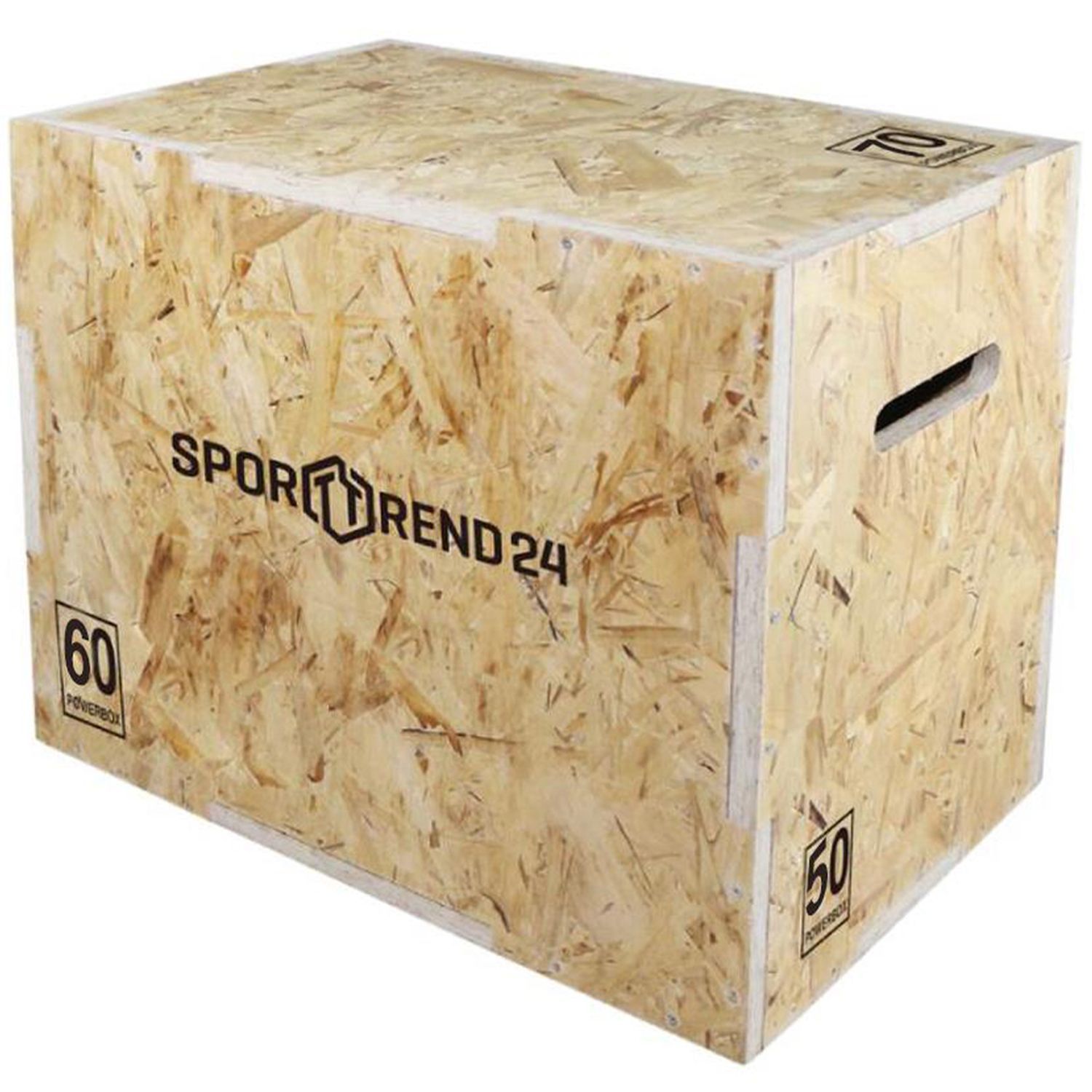 Holz-Plyo-Box mit Griffen und Aufdrucken. Aufschrift: Sporttrend24. Seiten mit Zahlen 50, 60, 70. Holzoptik.