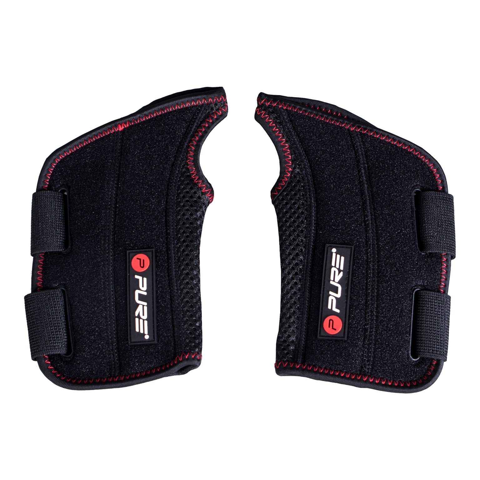 Due tutori per polso neri con cuciture rosse e chiusure in velcro. Il logo è visibile.