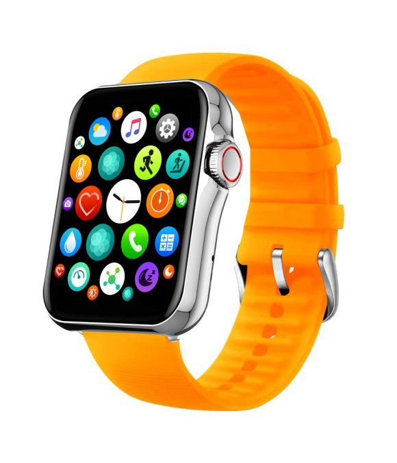 Smartwatch mit orangefarbenem Armband. Das Display zeigt farbige App-Symbole. Gehäuse aus Metall, seitliche Taste.