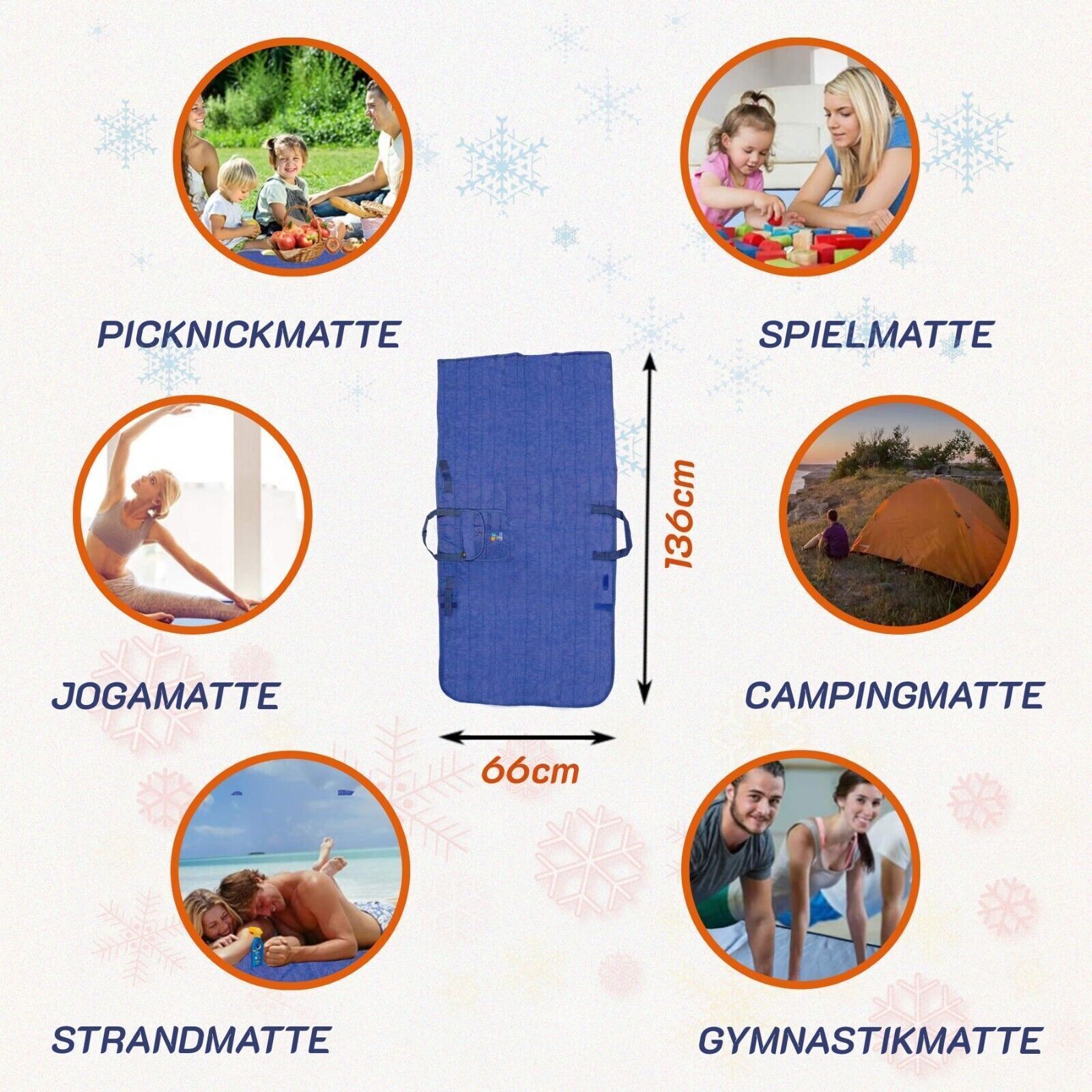 Blaue Matte, 136x66cm, für Picknick, Spiel, Yoga, Camping, Strand und Gymnastik. Verschiedene Anwendungsbeispiele.