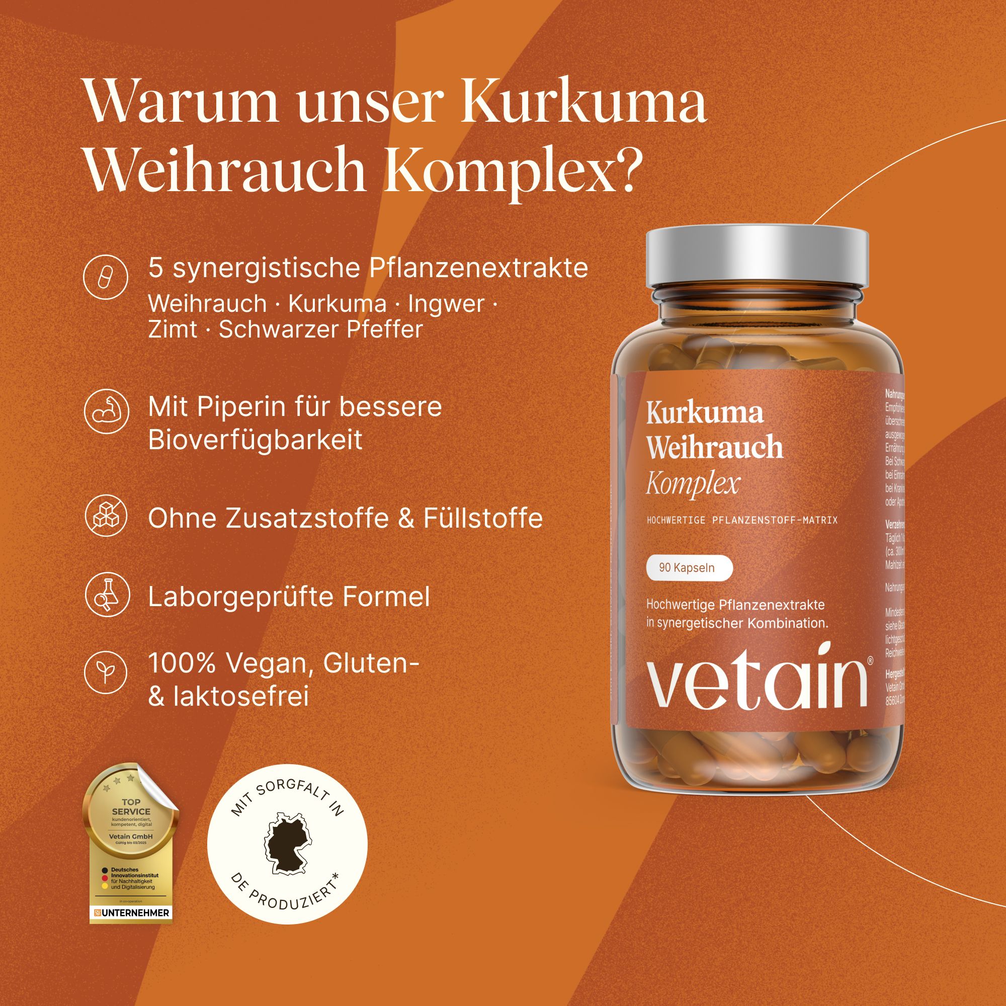VETAIN Kurkuma Weihrauch Ingwer Komplex - 127mg Boswelliasäure & 105mg Curcumin - Mit Zimt & Piperin
