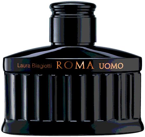 Schwarzer Flakon mit goldfarbenem Schriftzug ROMA UOMO von Laura Biagiotti. Vertikale Rillen am Flakon.