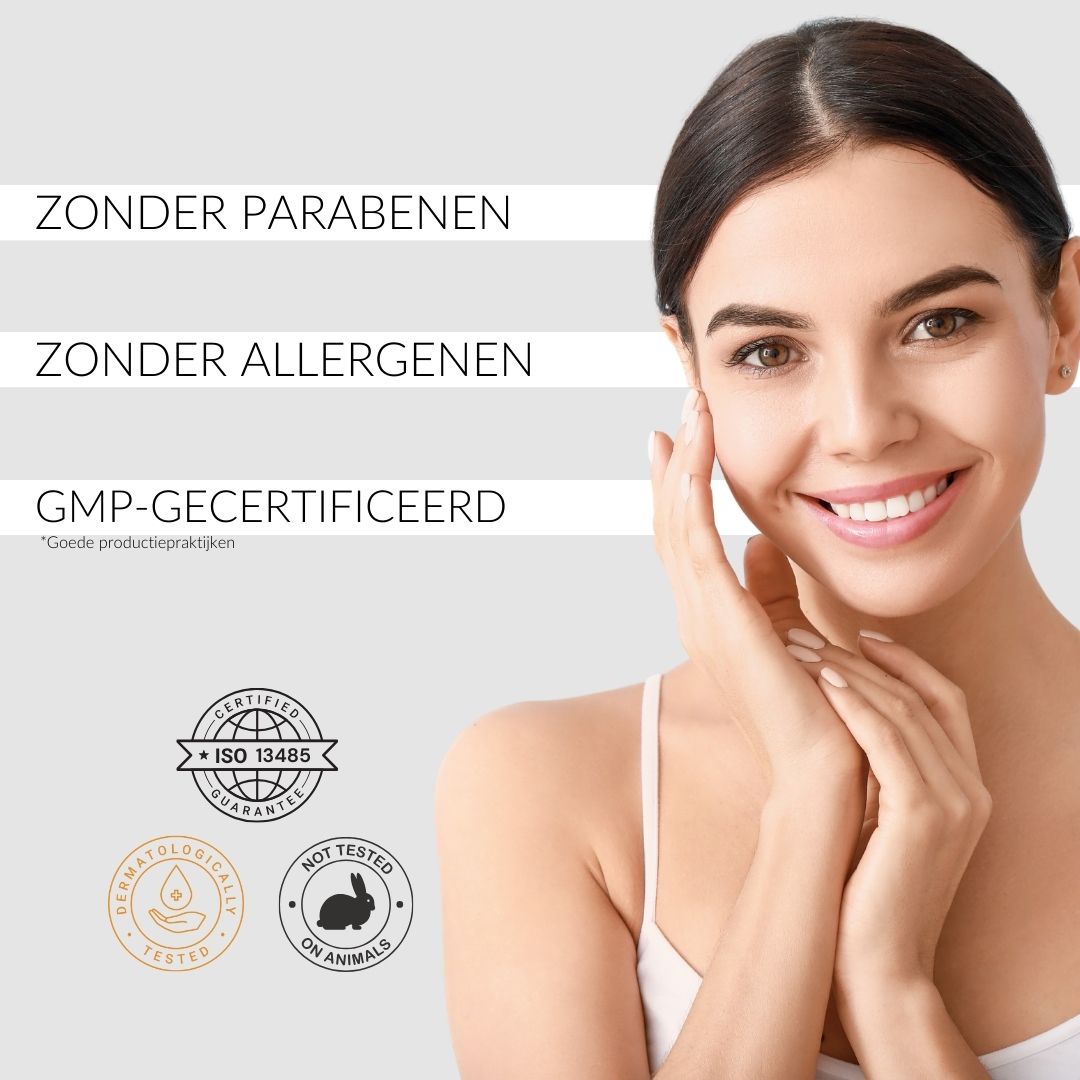 Vrouw raakt gezicht aan. Tekst: Zonder parabenen, Zonder allergenen, GMP-gecertificeerd. Logo's: ISO 13485, dermatologisch getest.