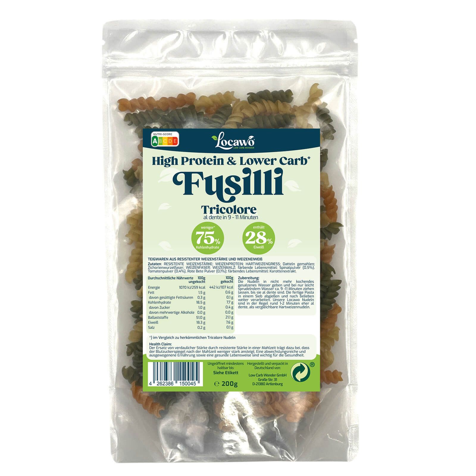 Klarsichtbeutel mit Tricolore-Fusilli-Nudeln. Aufdruck mit Produktname, Logo und Nährwertangaben. Grün, gelb und rot gefärbte Nudeln.