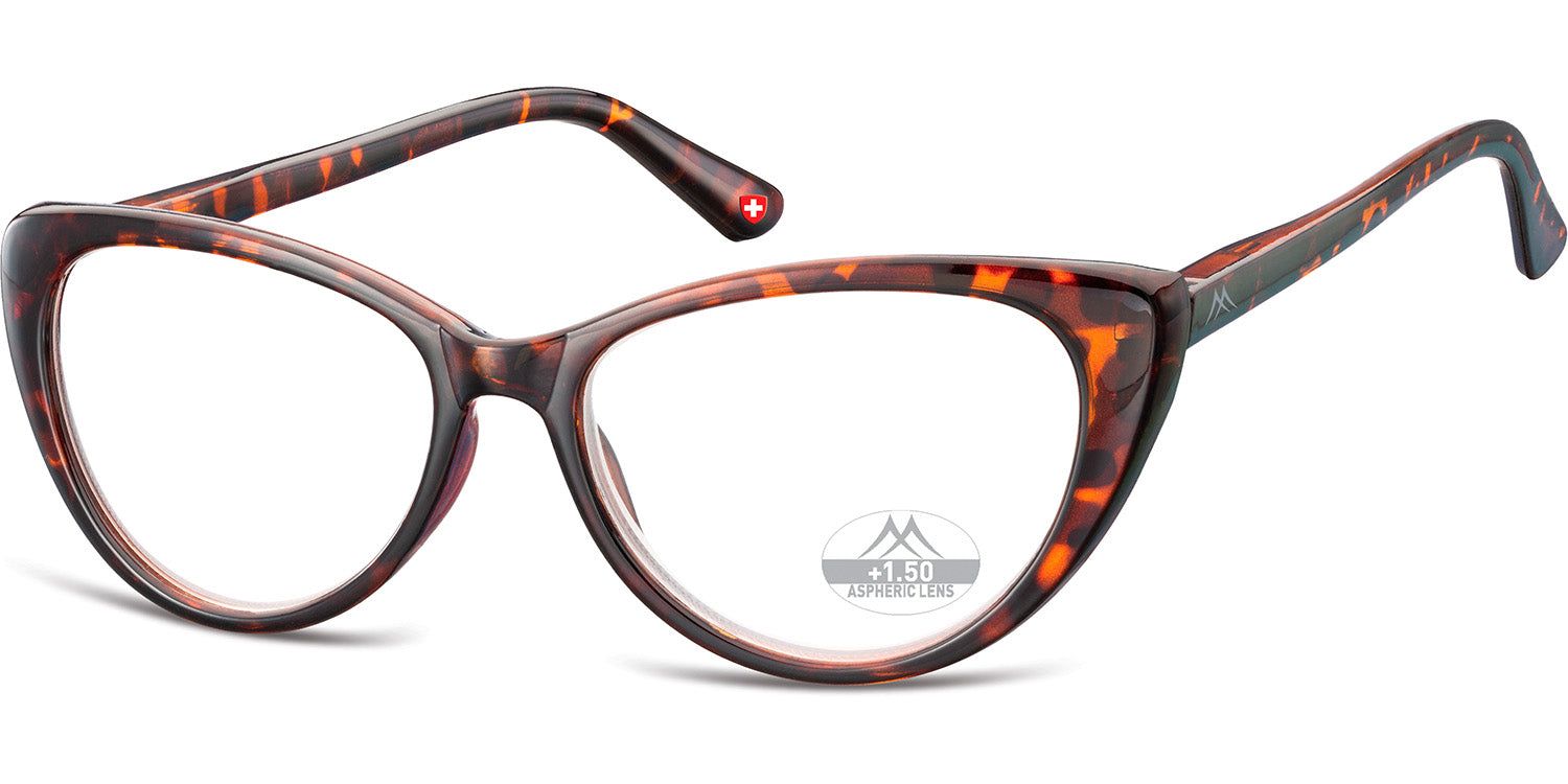 Brille mit braunem Rahmen und Gläsern. Auf einem Glas steht "+1.50".