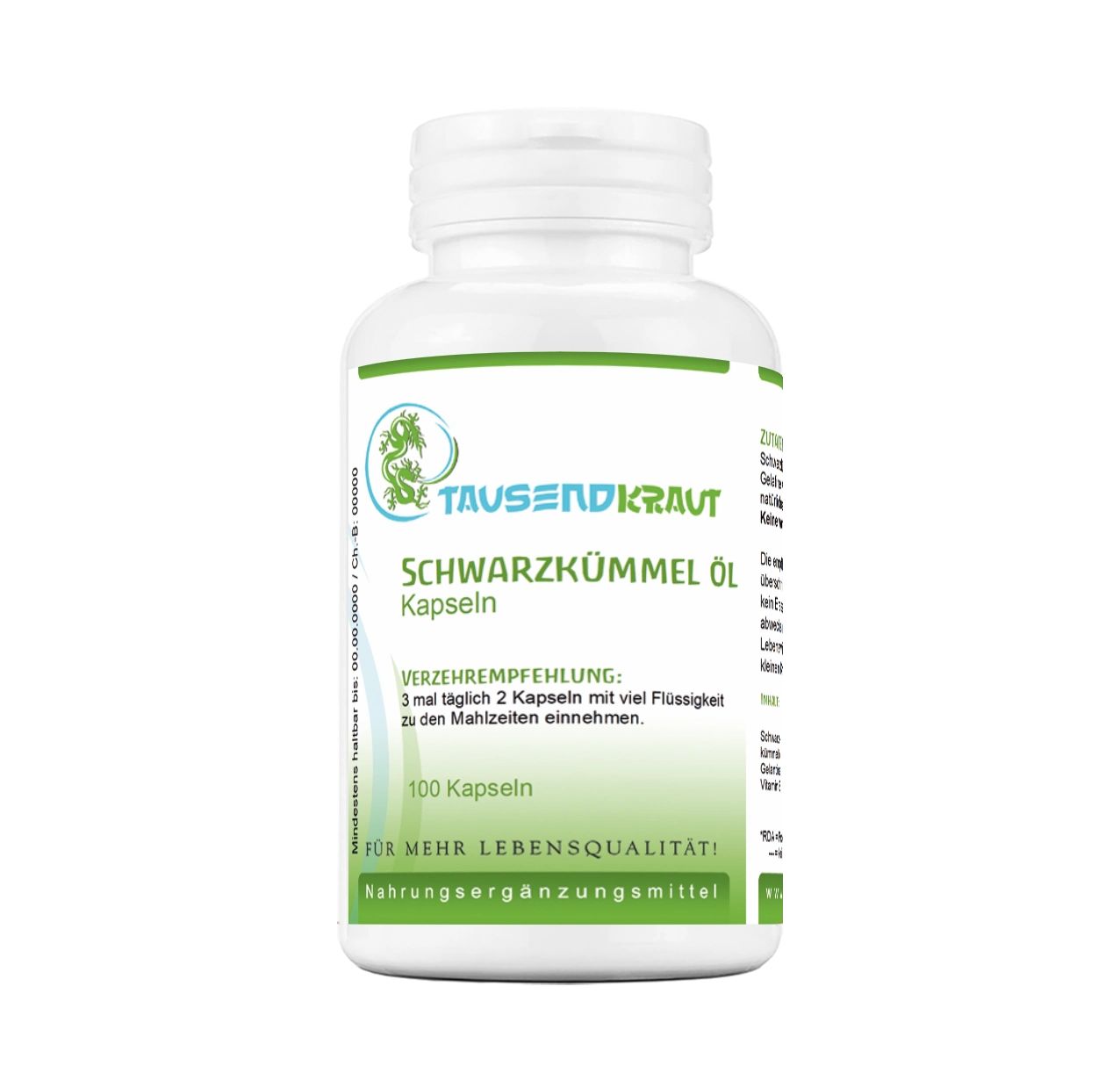 Weiße Flasche mit Kapseln. Aufschrift: Tausendkraut Schwarzkümmel Öl Kapseln. Grüne und weiße Etikettierung. 100 Kapseln.