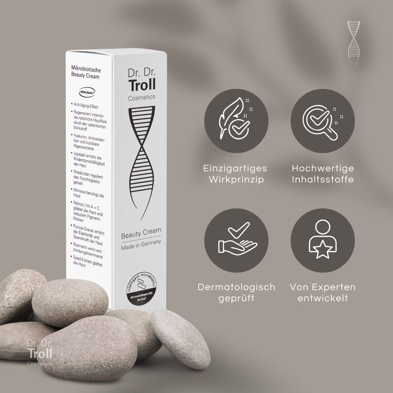 Dr. Dr. Troll Cosmetics Beauty Cream und Verpackung. Text: Einzigartiges Wirkprinzip, hochwertige Inhaltsstoffe, dermatologisch geprüft, von Experten entwickelt.