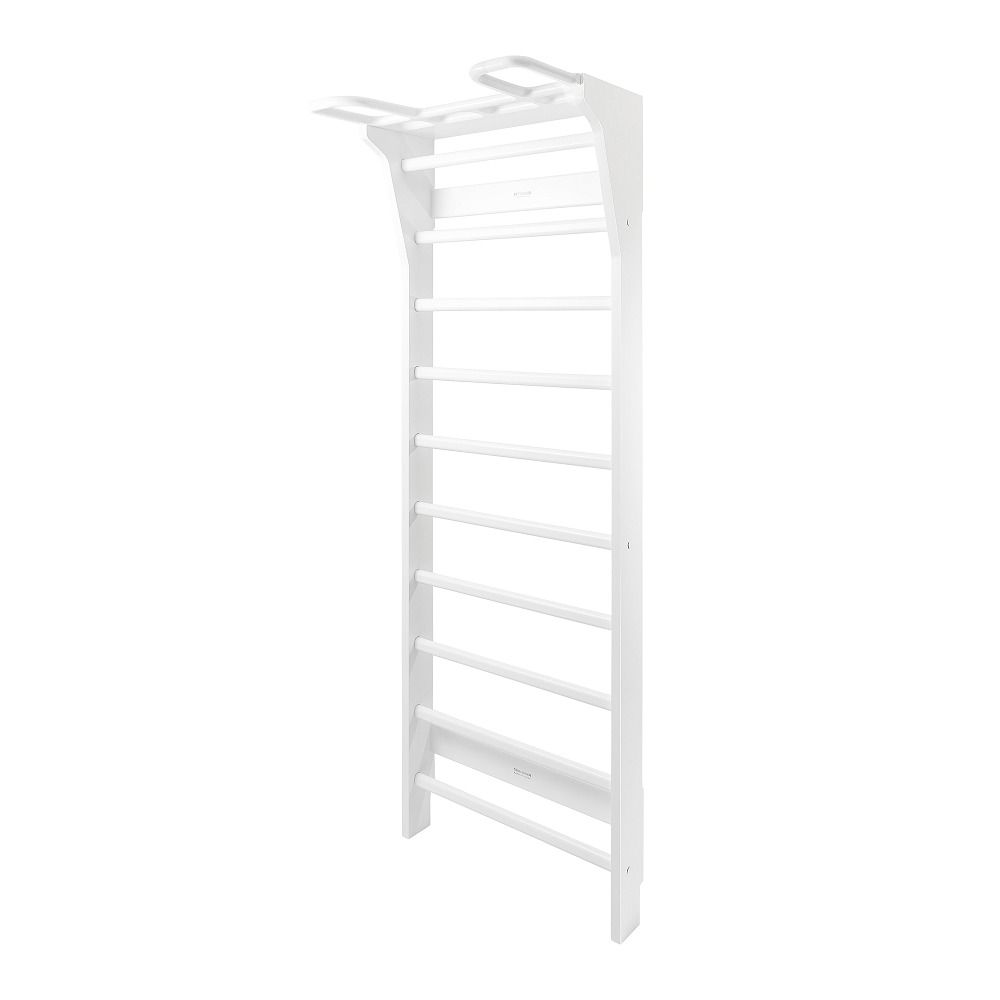 Weiße Sprossenwand Aarni, Frontansicht. Mit Sprossen und Griffen. Holzkonstruktion.