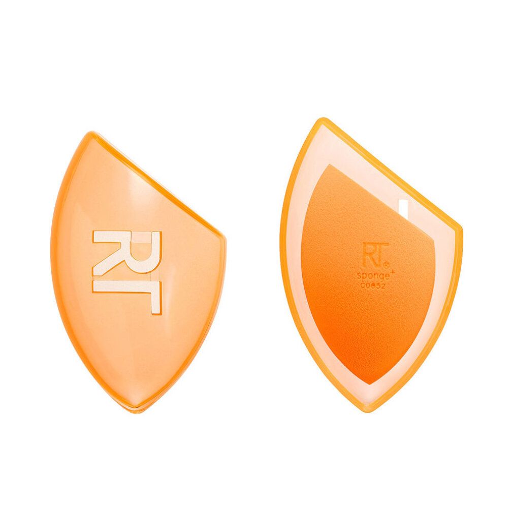 Zwei orangefarbene Make-up-Schwämme in einer durchsichtigen Hülle. Auf der Hülle steht "RT".