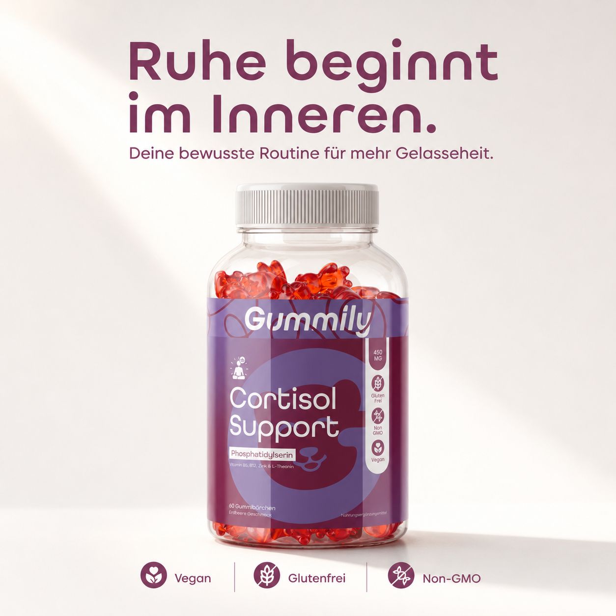 Gummily Cortisol Support Flasche mit Erdbeer-Gummibärchen. Vegan, glutenfrei, Non-GMO. Text: Ruhe beginnt im Inneren.
