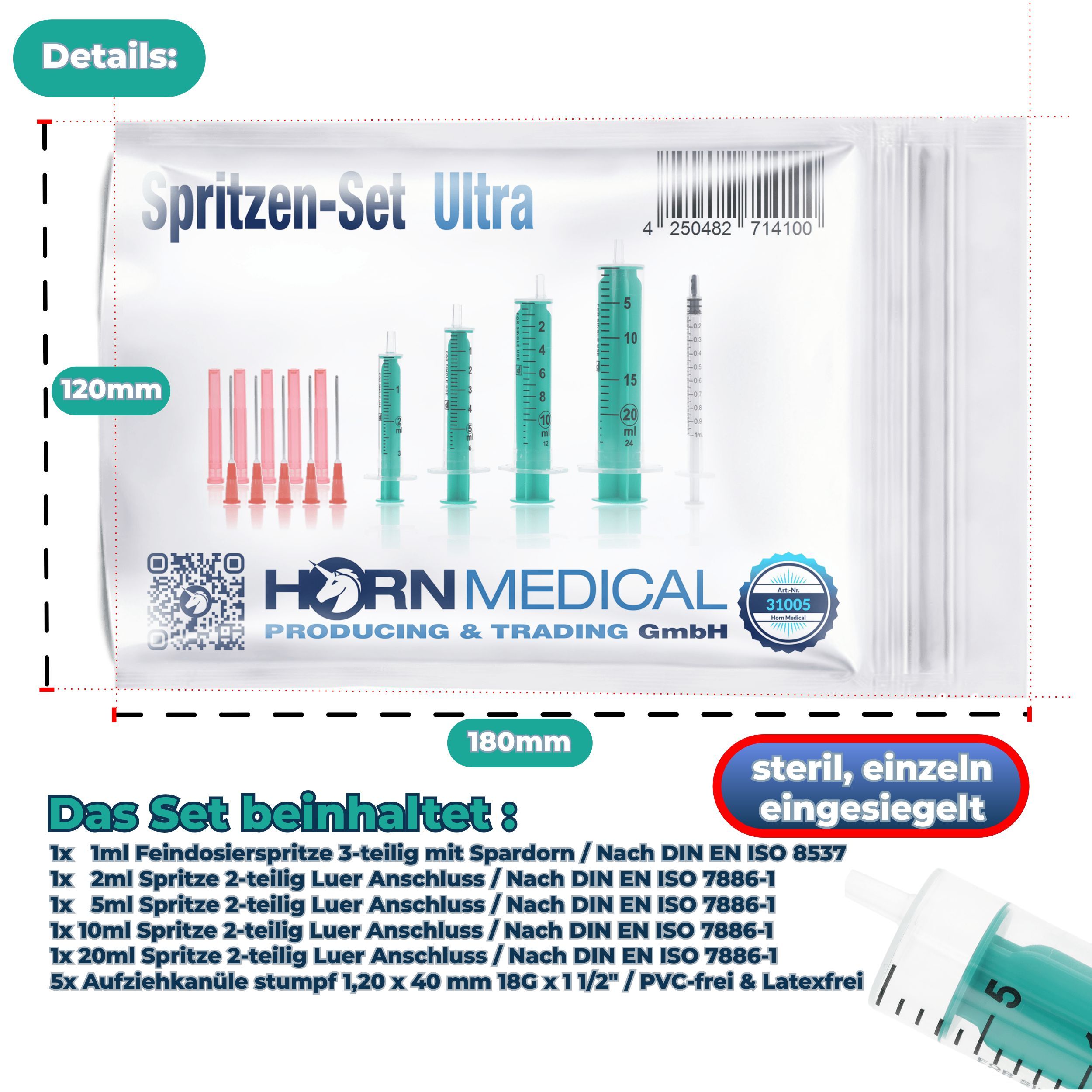 Spritzen-Set ULTRA in Folienverpackung. Einzeln steril verpackt. Horn Medical Logo. 180mm x 120mm.