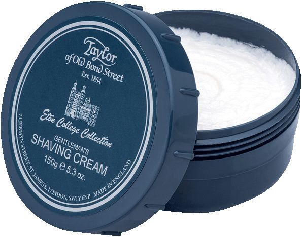 Dunkelblaue Dose mit Rasiercreme. Deckel mit Logo und Schriftzug: Taylor of Old Bond Street, Eton College Collection, Rasiercreme.