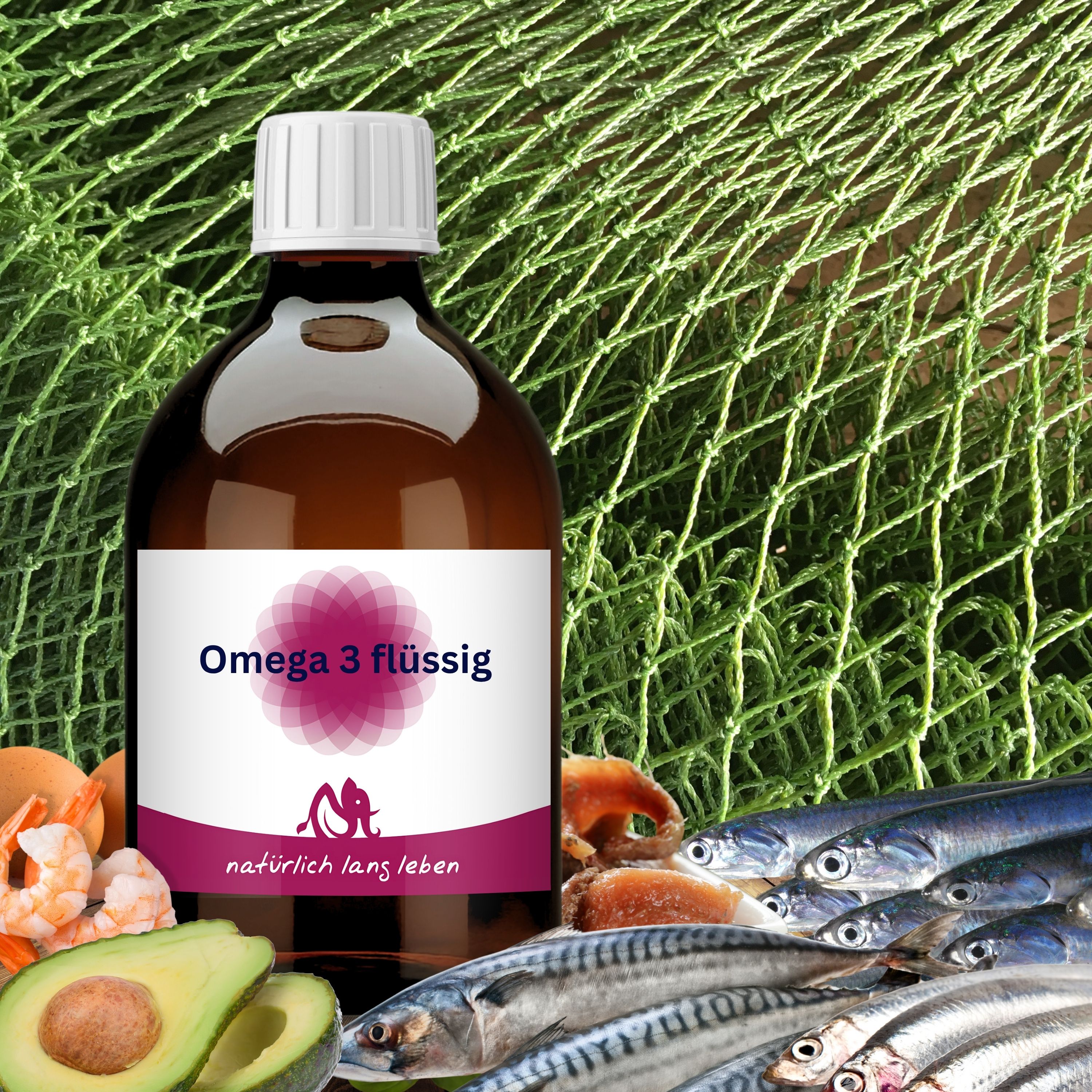 Braune Glasflasche mit weißem Deckel und Etikett. Aufschrift: Omega 3 flüssig. Umgeben von Fisch, Avocado und Garnelen. Logo: natürlich lang leben.