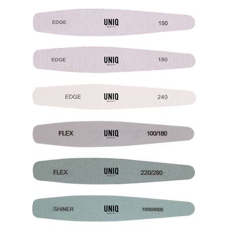 Sechs UNIQ Beauty Nagelfeilen in verschiedenen Körnungen: 150, 180, 240, 100/180, 220/280, 1000/4000.