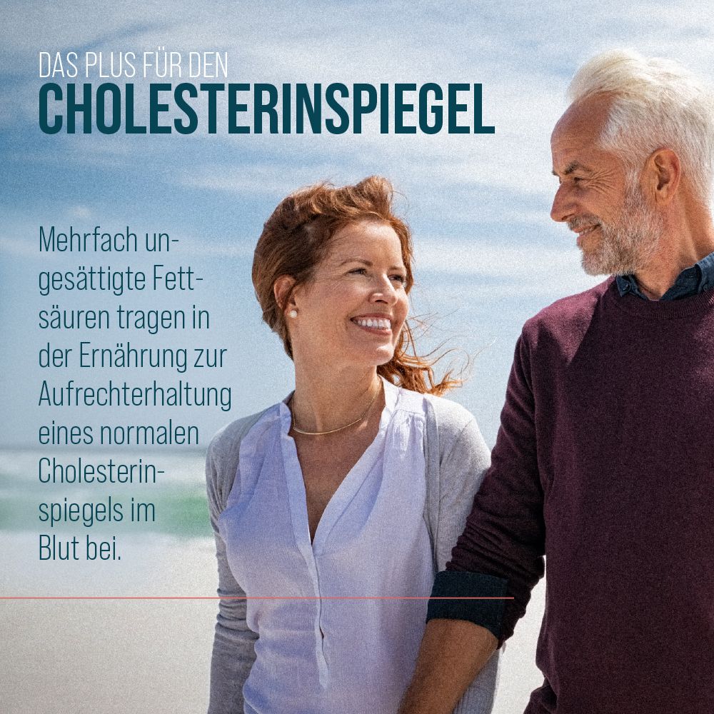 Lächelndes Paar am Strand. Text "DAS PLUS FÜR DEN CHOLESTERINSPRIEGEL".