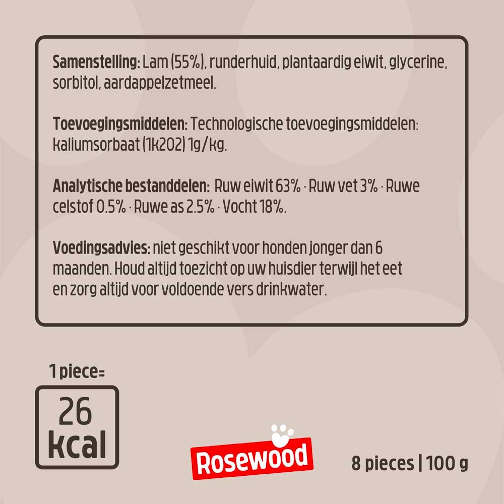 Nahaufnahme der Zutatenliste und Nährwertangaben von Rosewood Chewy Sticks mit Lamm. Logo und Kalorienangabe.