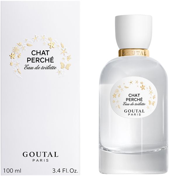 Goutal Chat Perche Eau de Toilette Flakon und Verpackung. Weißes Flakon mit weißem Deckel und goldener Verzierung. Verpackung mit floralem Design.