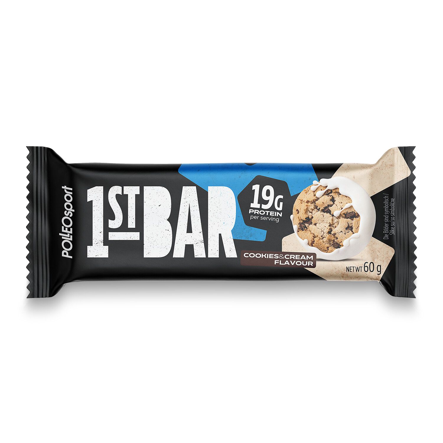 Schwarze Verpackung mit weißem Schriftzug 1ST BAR. Blaue Akzente. Abbildung eines Cookies & Cream Riegels. 19g Protein. Nettogewicht 60g.