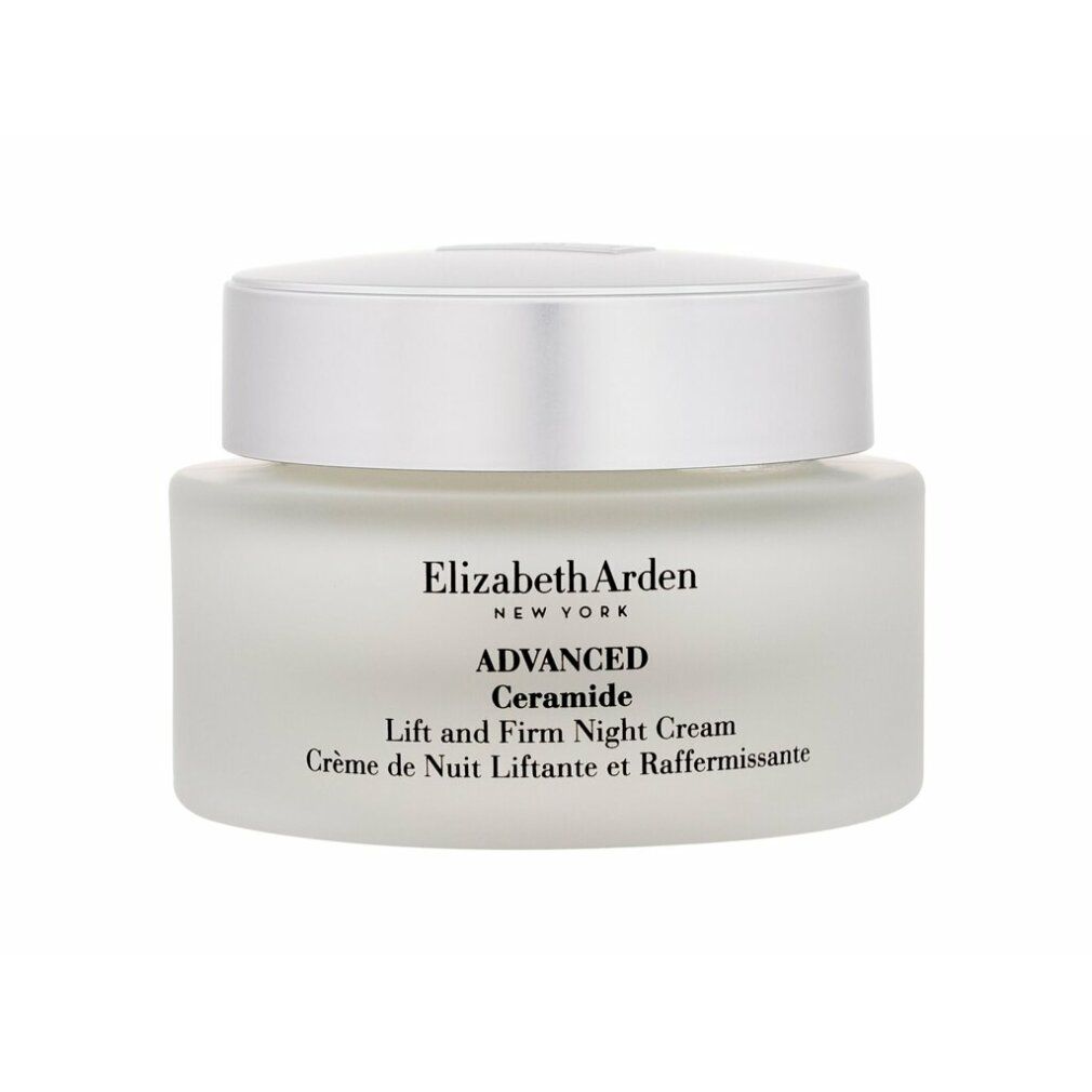 Creme-Glas mit silbernem Deckel. Elizabeth Arden Advanced Ceramide Lift and Firm Night Cream.