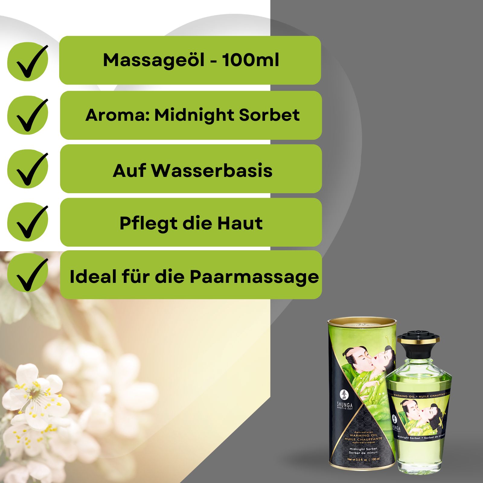 Produkt mit Dose und Flasche. Text: Massageöl, Aroma: Midnight Sorbet, auf Wasserbasis, pflegt die Haut, ideal für die Paarmassage.
