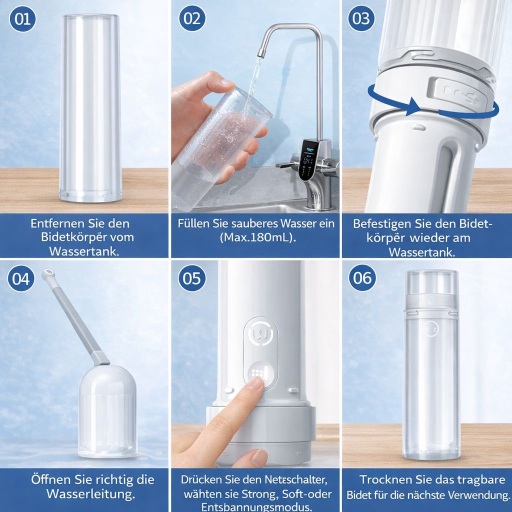 Anleitung zur Verwendung eines tragbaren Bidets. Schritte: Entfernen, Wasser einfüllen, befestigen, Wasserleitung öffnen, einschalten, trocknen.