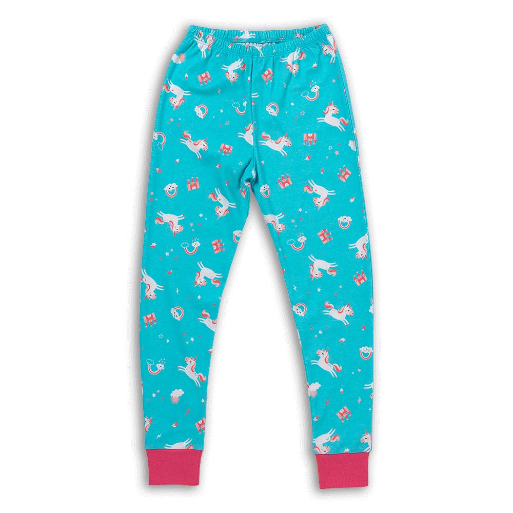 Blaue Hose mit Einhorn-Muster. Rosa Bündchen.