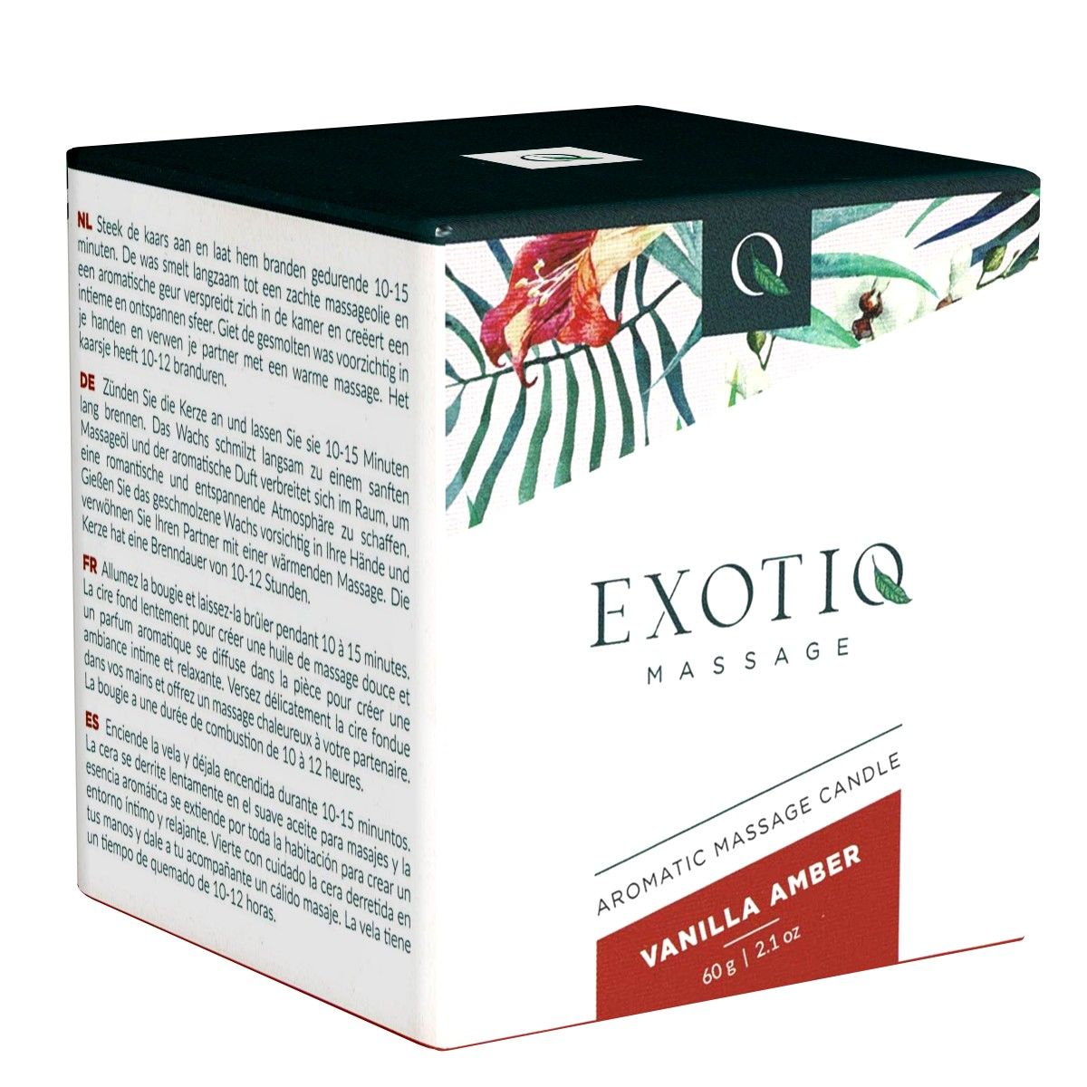 Quadratische Verpackung mit floralem Muster und Text. Enthält eine Massagekerze. Aufschrift: Exotiq Massage, Vanilla Amber, 60g.