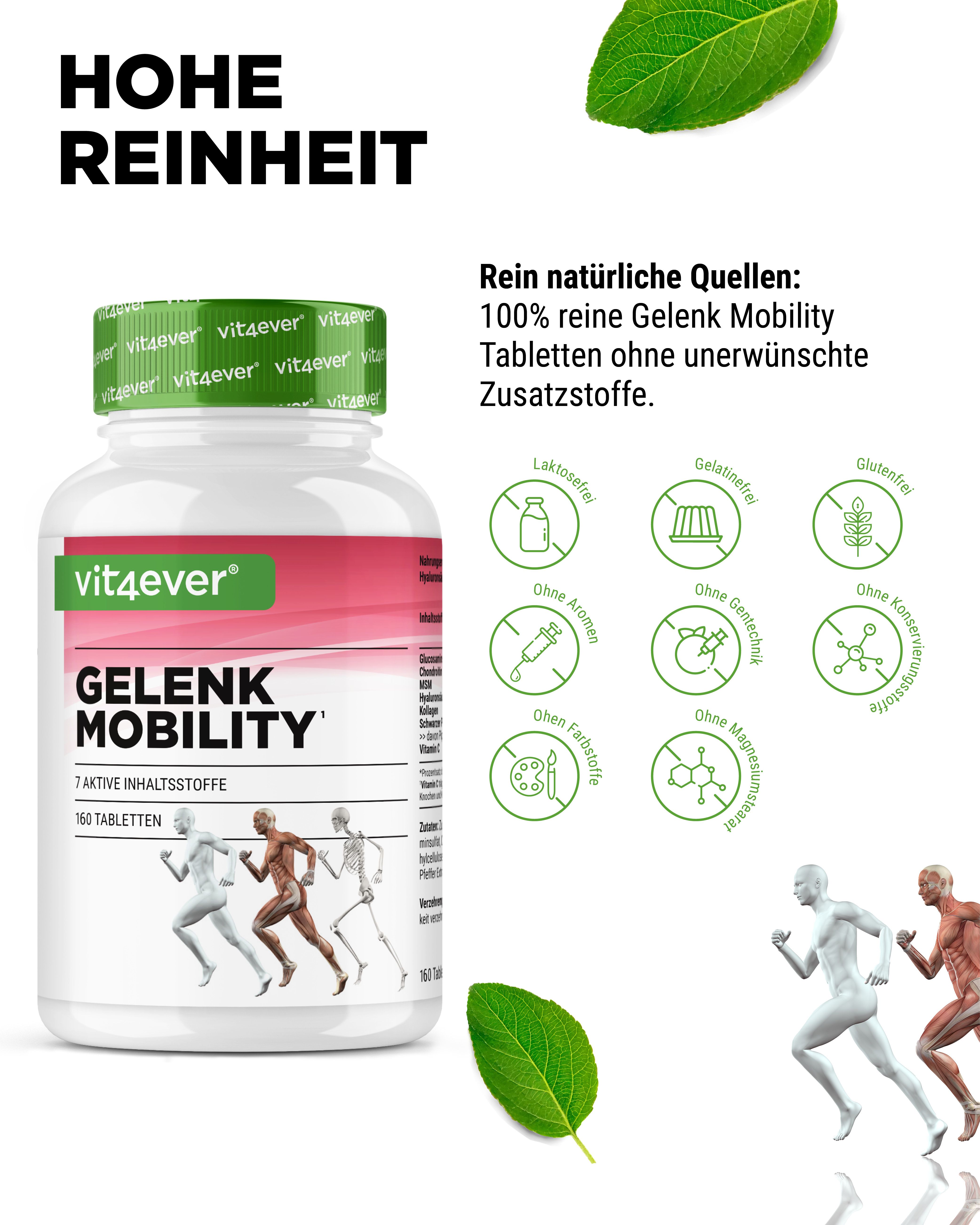 Flasche vit4ever Gelenk Mobility, 160 Tabletten. Text: Hohe Reinheit. Symbole: laktosefrei, glutenfrei, ohne Aromen, ohne Farbstoffe, etc.