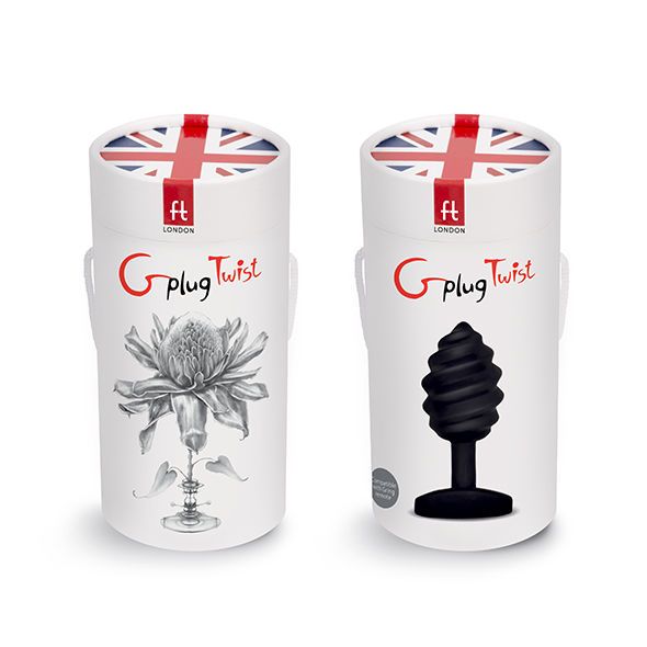 Zwei zylindrische Verpackungen. Auf einer ist eine Blume abgebildet, auf der anderen ein schwarzer Plug. Beide haben den Schriftzug "G-Plug Twist".