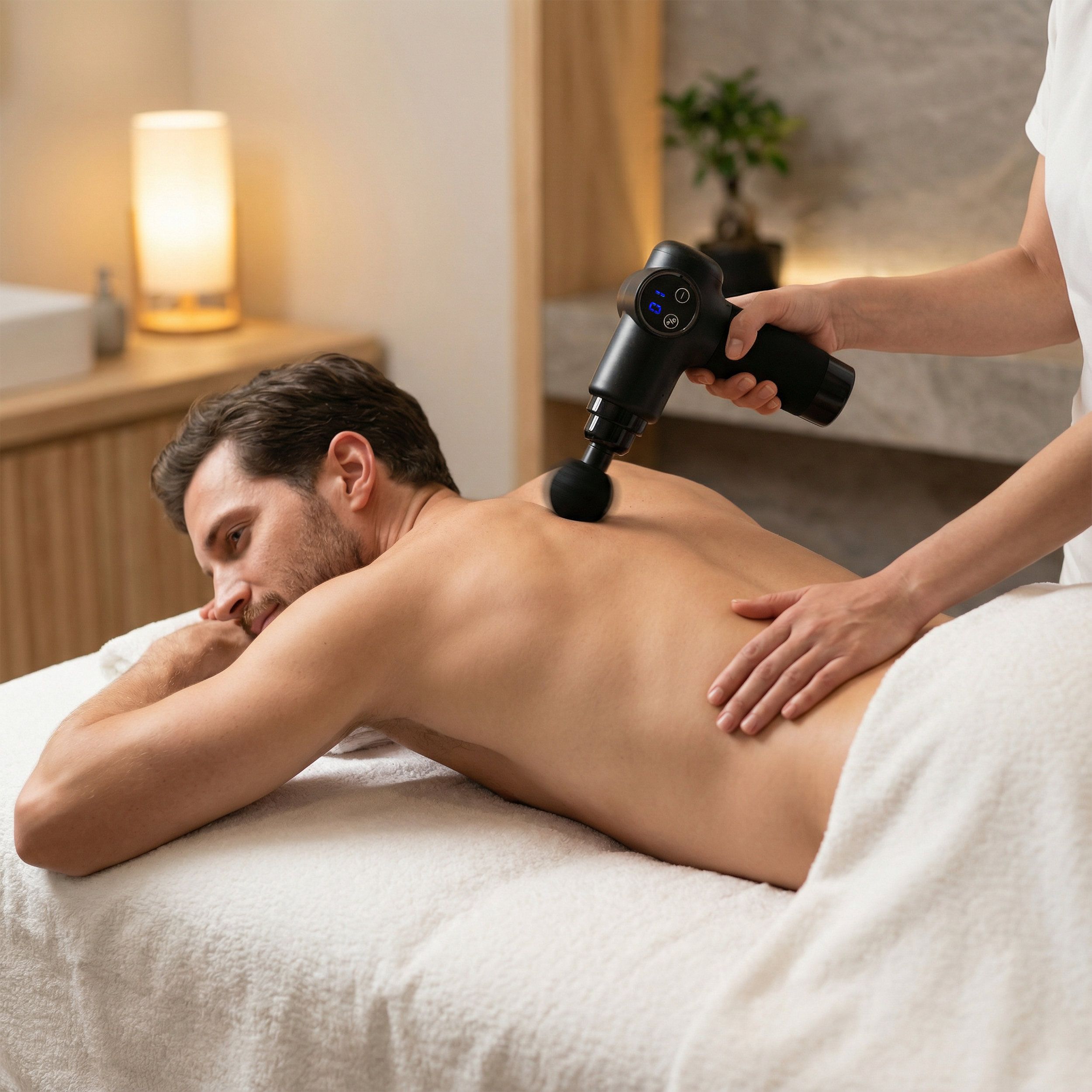 Schwarze Massagepistole wird auf dem Rücken eines Mannes verwendet. Person liegt auf einer Liege. Hintergrund: Spa.