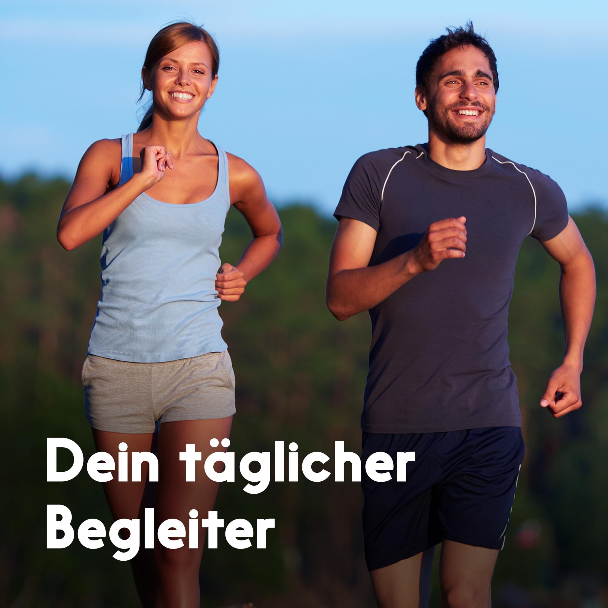 Zwei Personen joggen im Freien. Text: Dein täglicher Begleiter.