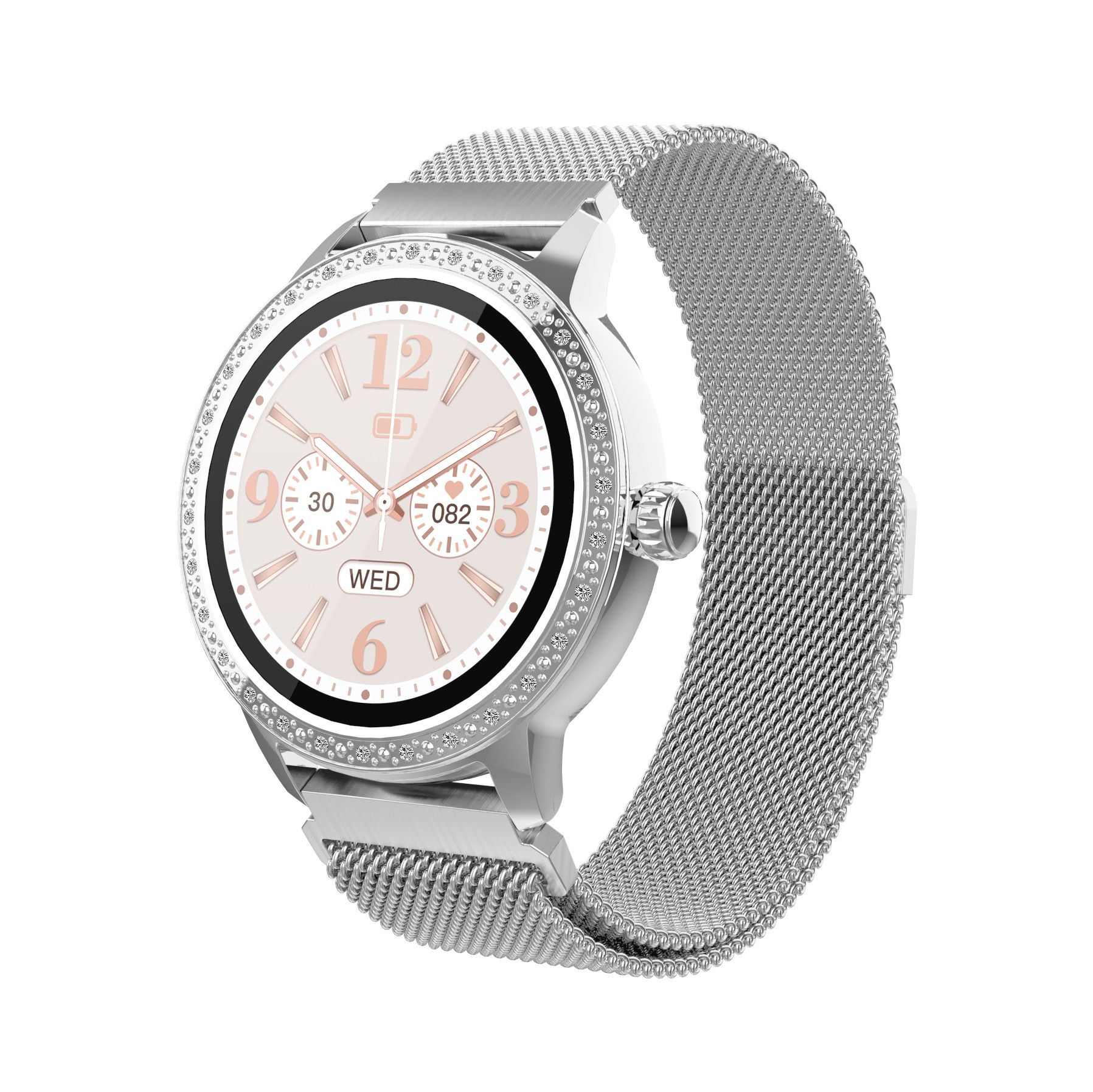 Silberne Smartwatch mit Mesh-Armband. Rundes Zifferblatt mit Ziersteinen. Zeigt Uhrzeit und Datum. Touchdisplay.