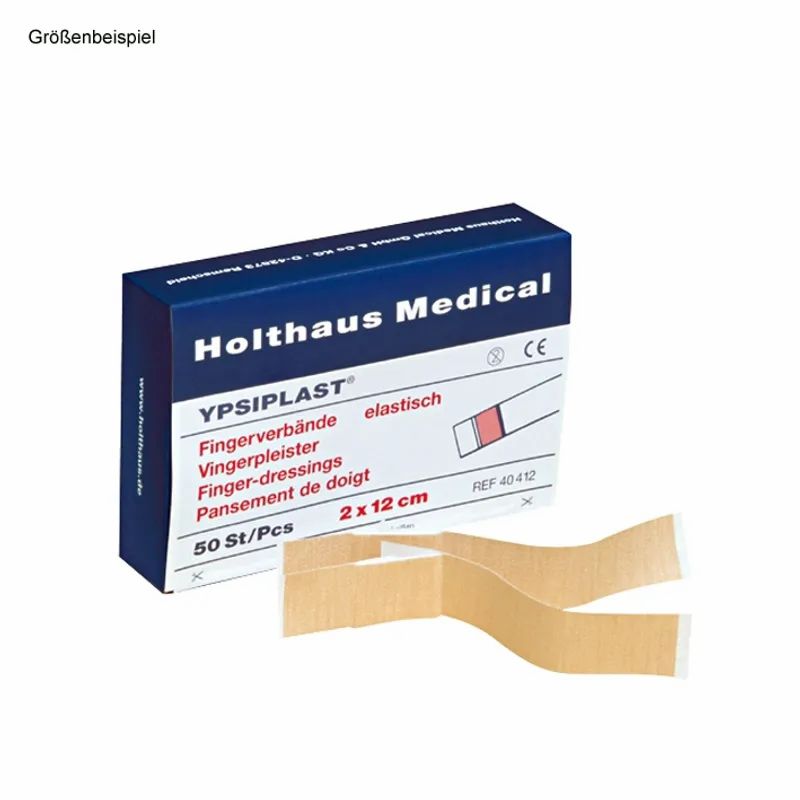 Holthaus Medical YPSIPLAST® Fingerverband-Packung. Blaue Schachtel mit Produktname und Beschreibung. Zwei Fingerverbände liegen daneben.