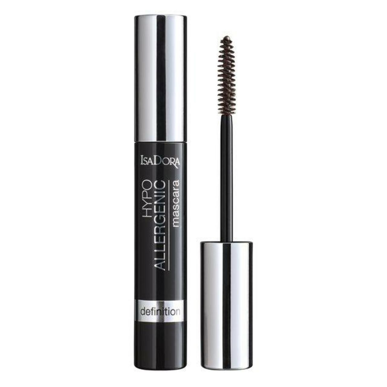 Schwarze Mascarabürste und -tube. Silberne Kappe. Text: IsaDora, Hypo Allergenic Mascara, Definition.