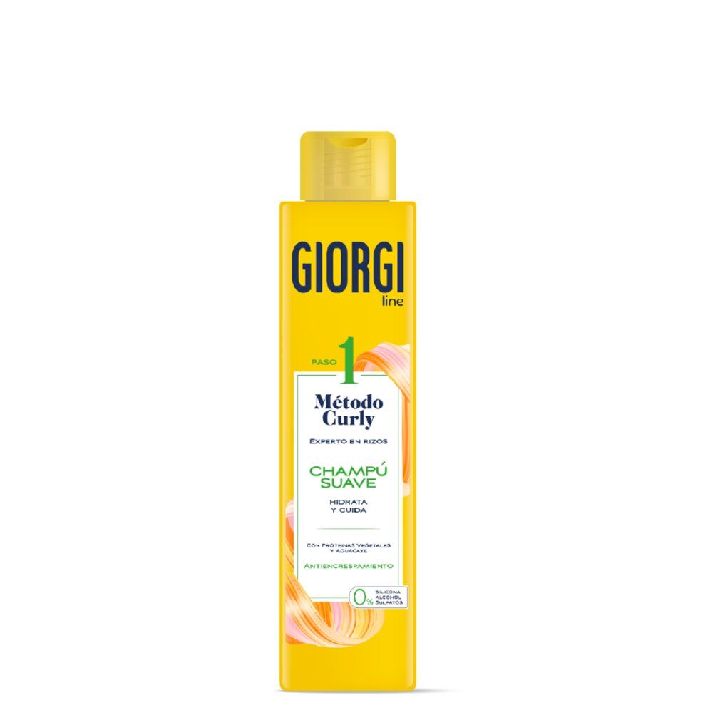 Gelbe Giorgi Line Champú Flasche. Aufschrift: Método Curly, Champú Suave. Mit Pflanzenextrakten. Anti-Frizz.