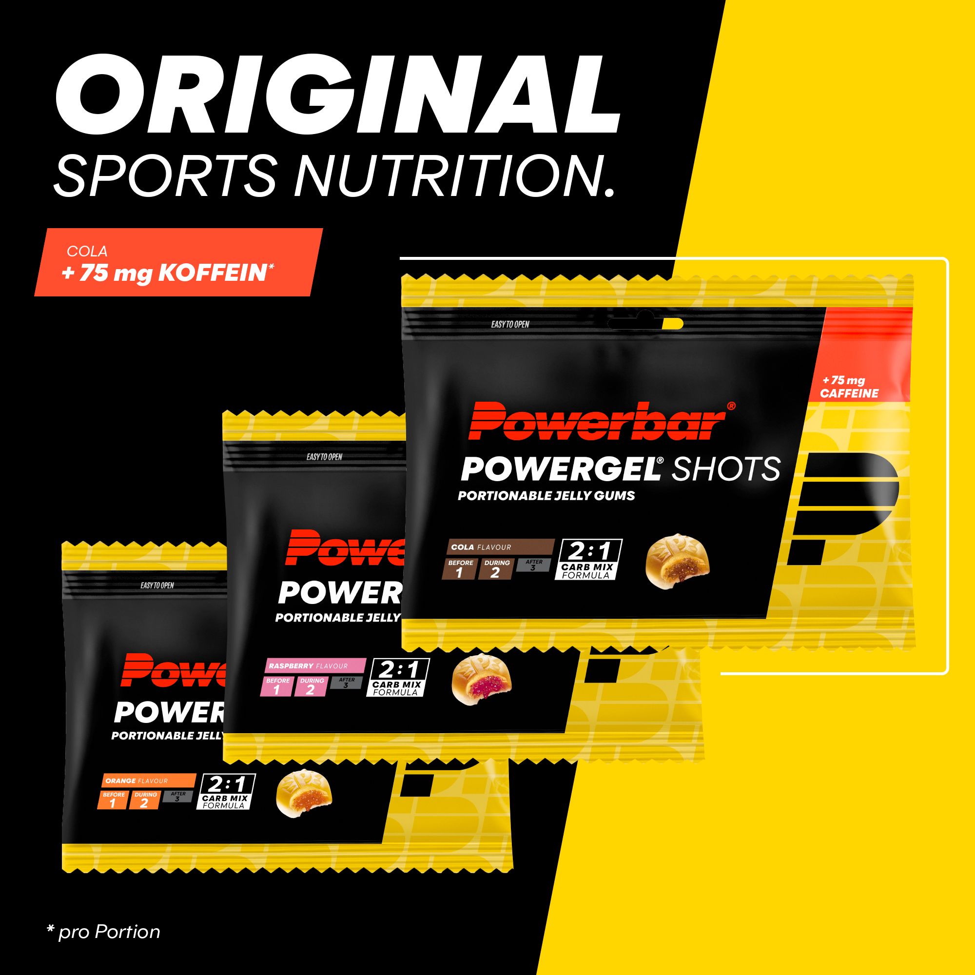 Mehrere Powerbar Powergel Shots-Verpackungen. Schwarzer Hintergrund mit Produktnamen und Geschmacksangaben. Gelee-Gummis sind abgebildet.