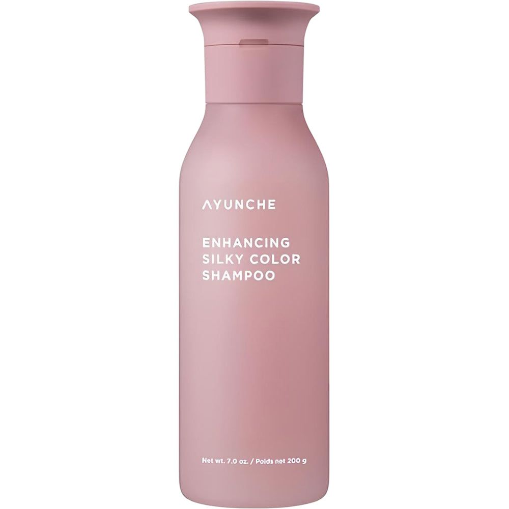 Rosa Shampoo-Flasche mit AYUNCHE-Logo und Text: Enhancing Silky Color Shampoo. Flaschenform, rosa Deckel.