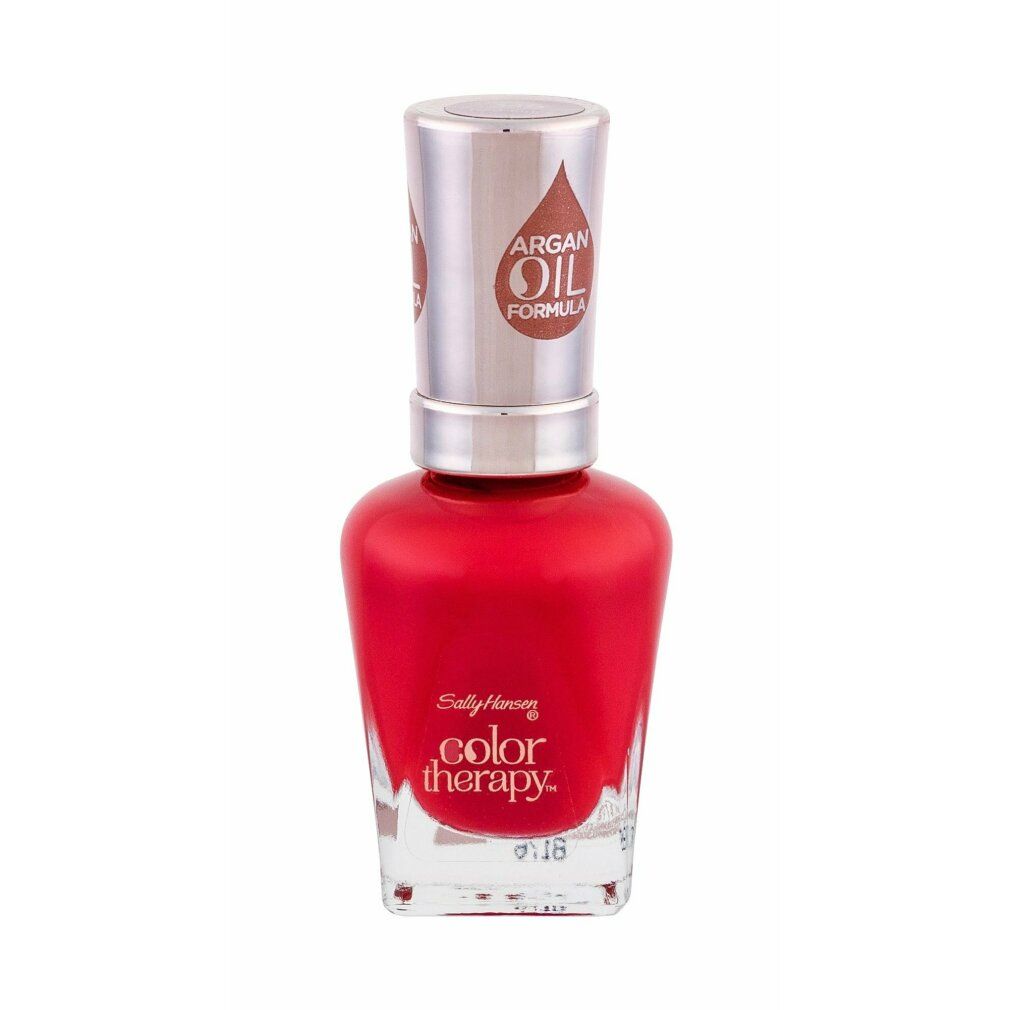 Roter Nagellackflakon. Aufschrift: Sally Hansen Color Therapy. Deckel mit Arganöl-Formel. Farbton: 340-Red-Iance.