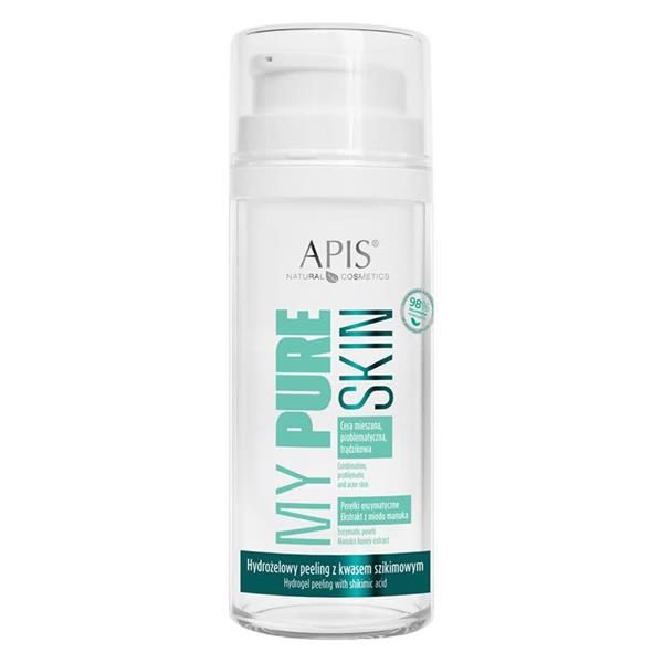 Transparente Flasche mit weißem Pumpkopf. Aufschrift: MY PURE SKIN, APIS NATURAL COSMETICS. Text in Türkis.
